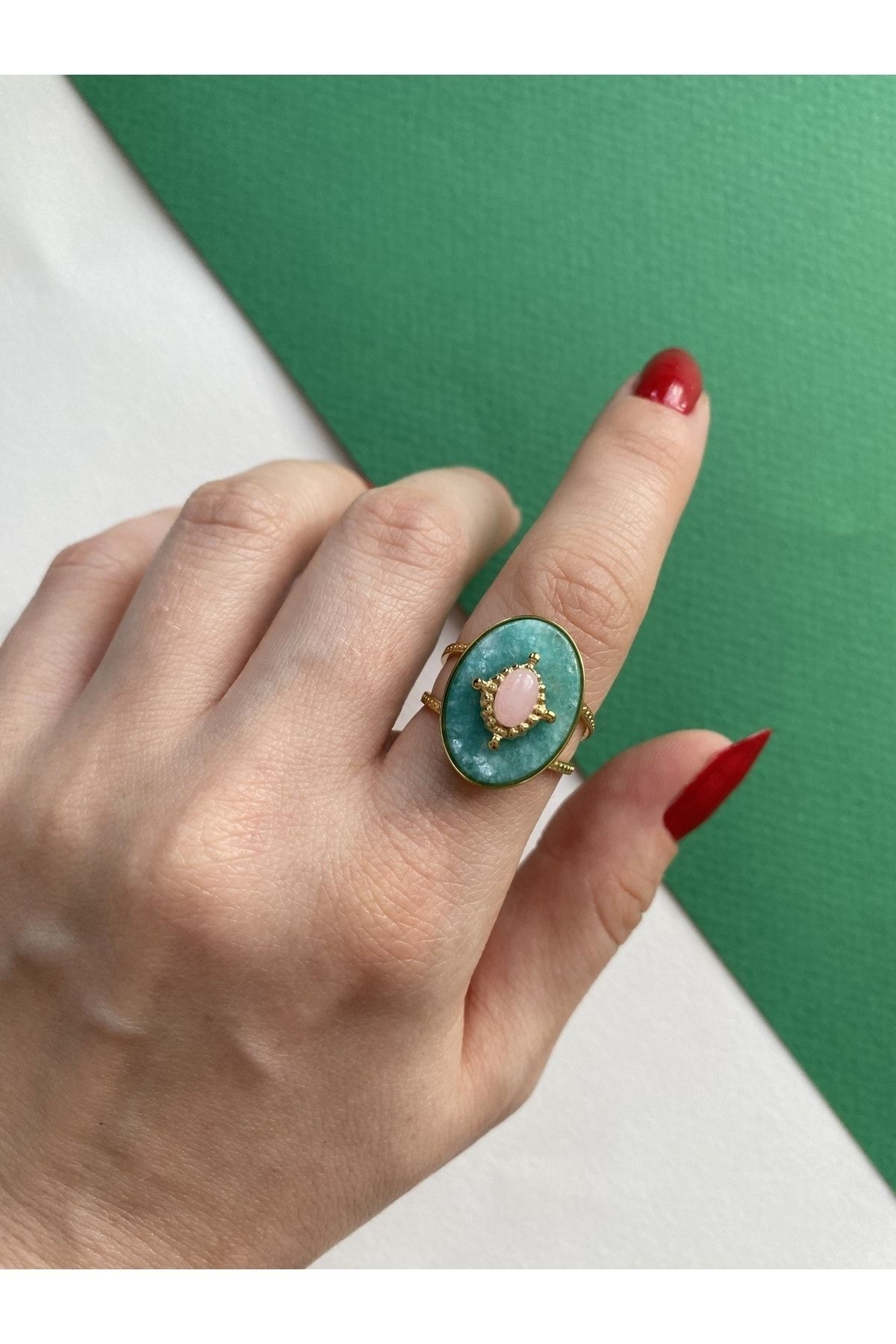 Vintage Pembe Oval Taşlı Kararmaz Ayarlanabilir Çelik Yüzük
