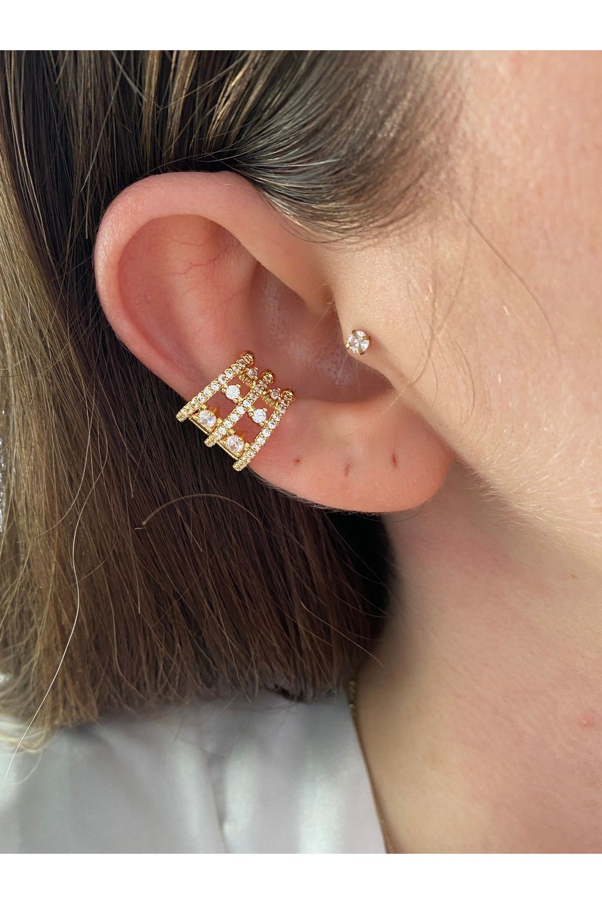 3 Sıra Zirkon Taşlı Kadın Earcuff Kıkırdak Küpe