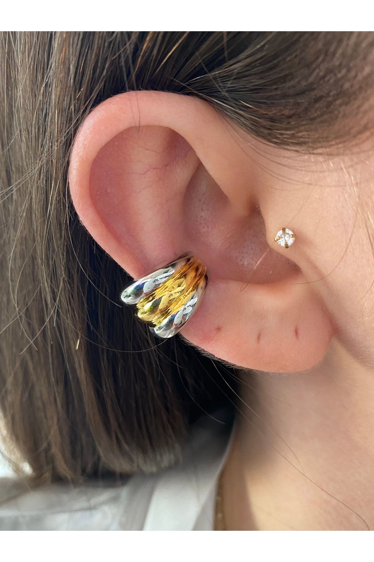Çift Renkli Halka Kadın Earcuff Kıkırdak Küpe