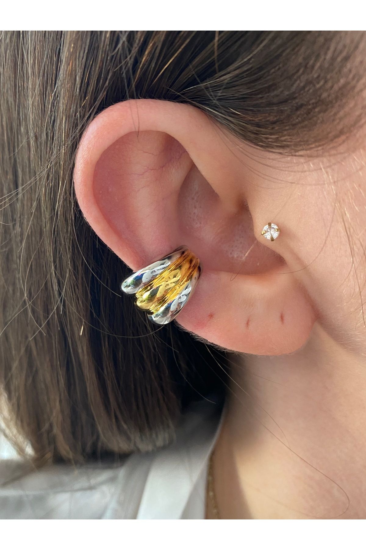 Çift Renkli Halka Kadın Earcuff Kıkırdak Küpe