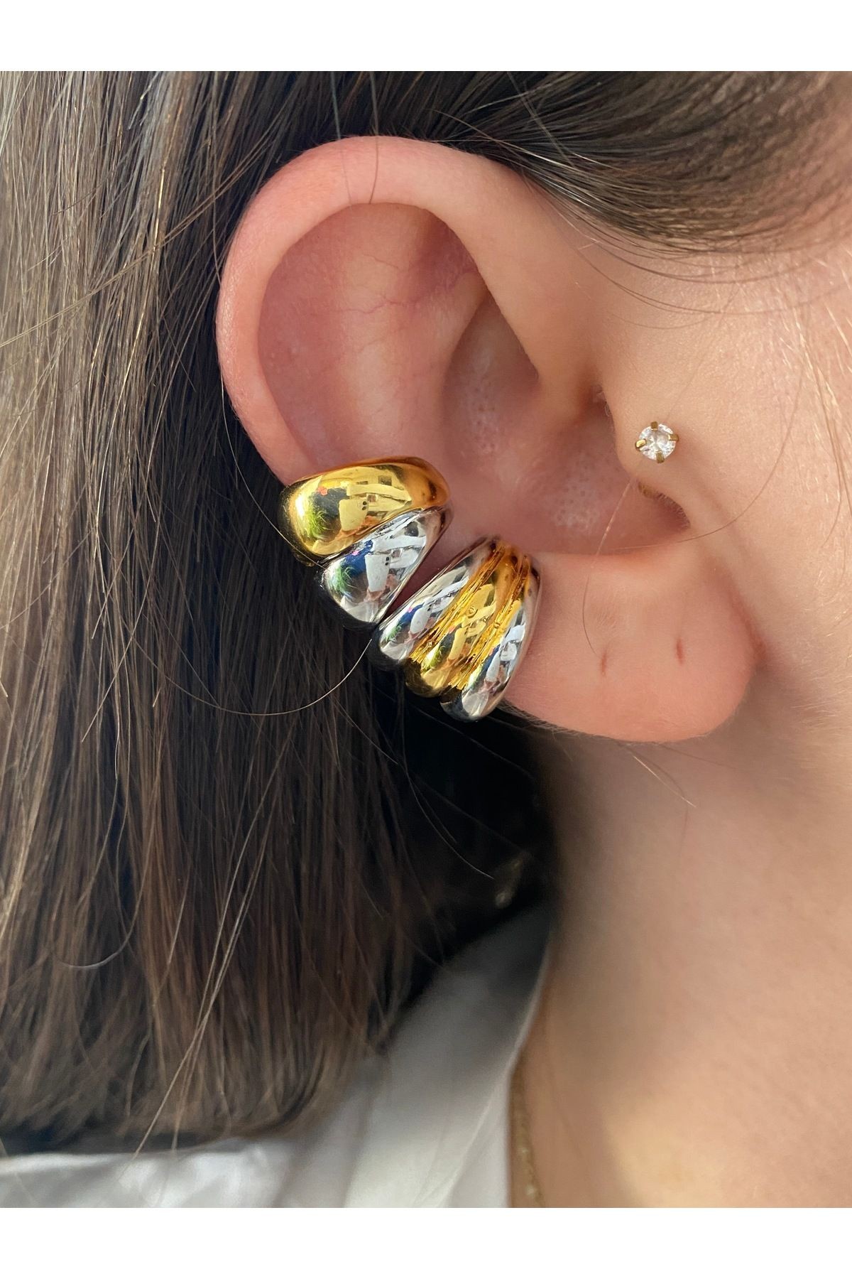 Çift Renkli Halka Kadın Earcuff Kıkırdak Küpe