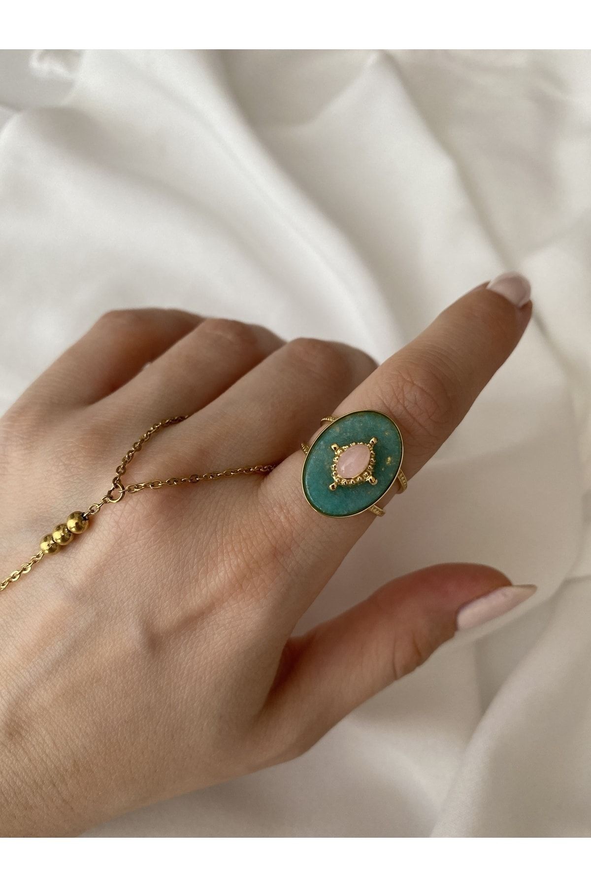 Vintage Pembe Oval Taşlı Kararmaz Ayarlanabilir Çelik Yüzük