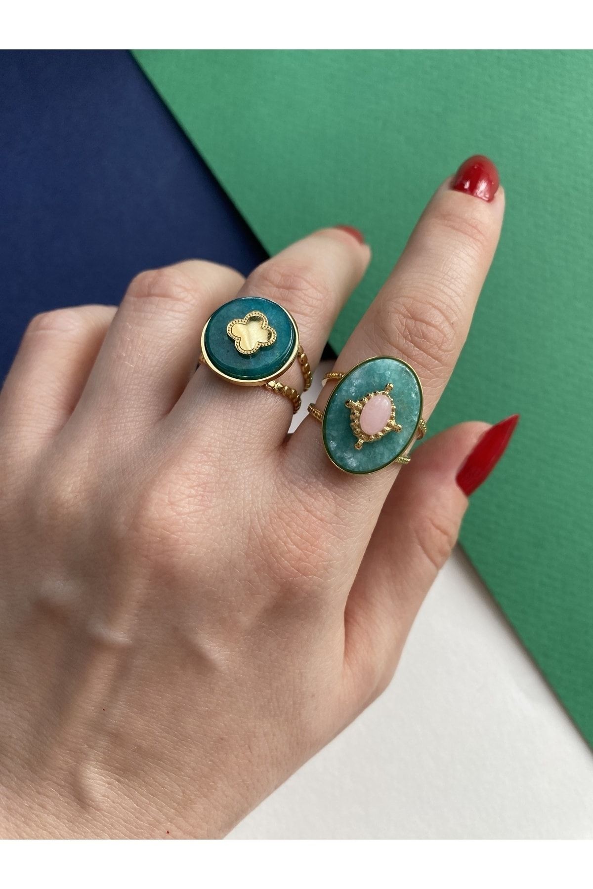 Vintage Pembe Oval Taşlı Kararmaz Ayarlanabilir Çelik Yüzük