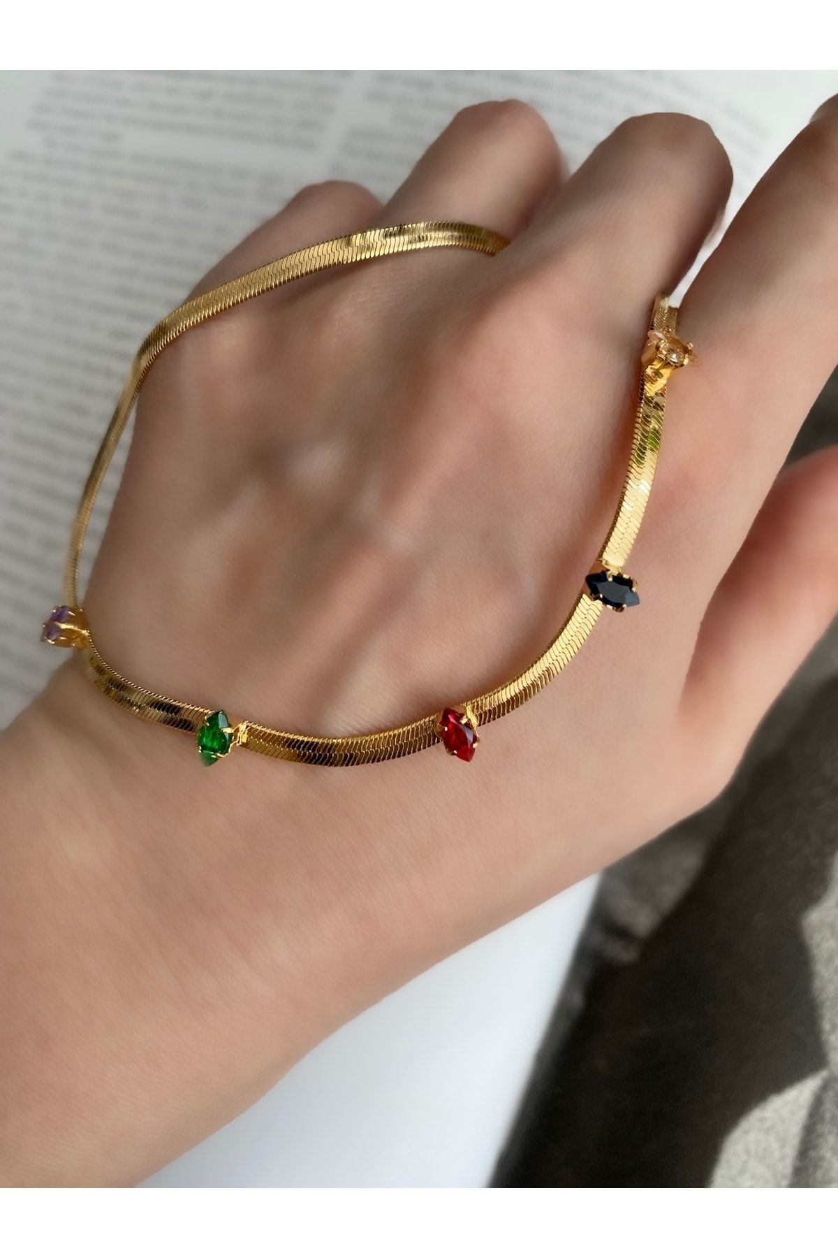 Renkli Baget Taşlı Italyan Ezme Zincir Gold Kolye