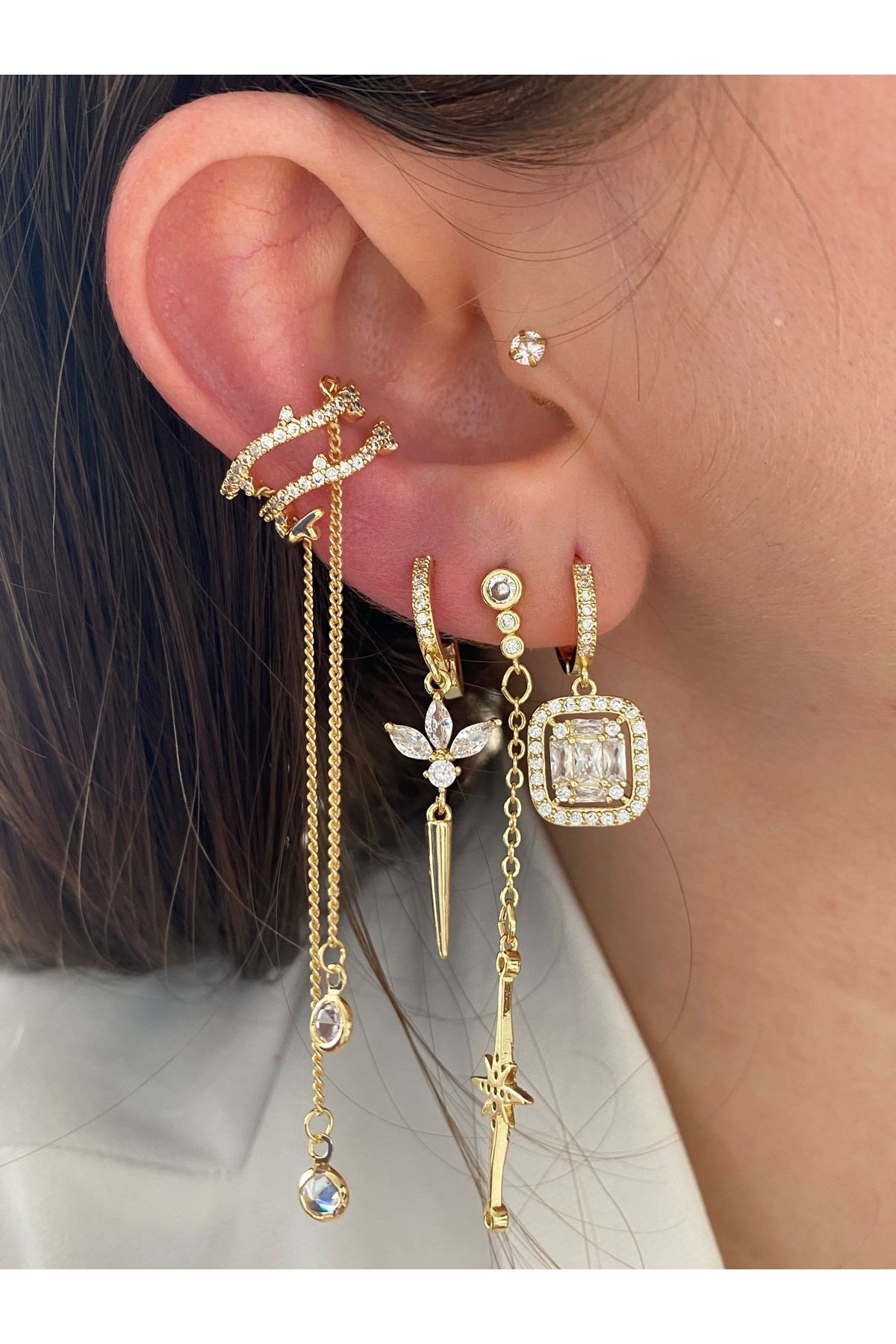 Sallantılı 4 Sıra Pirinç Üzeri Kaplama Kaplama Kadın Earcuff Kıkırdak Küpe - altın1