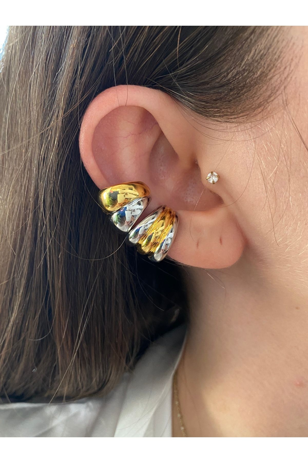 Çift Renkli Halka Kadın Earcuff Kıkırdak Küpe