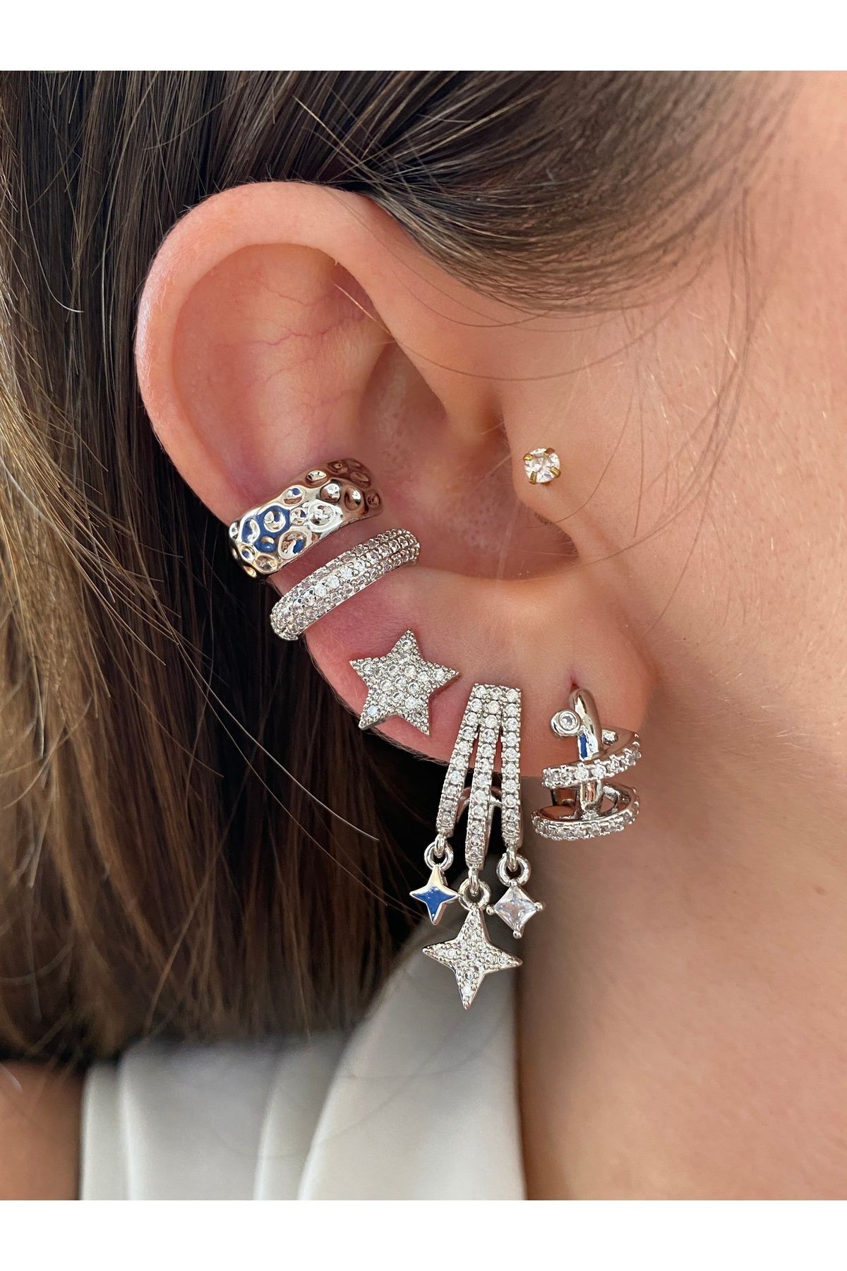 2 Sıra Zirkon Taşlı Kadın Earcuff Kıkırdak Küpe