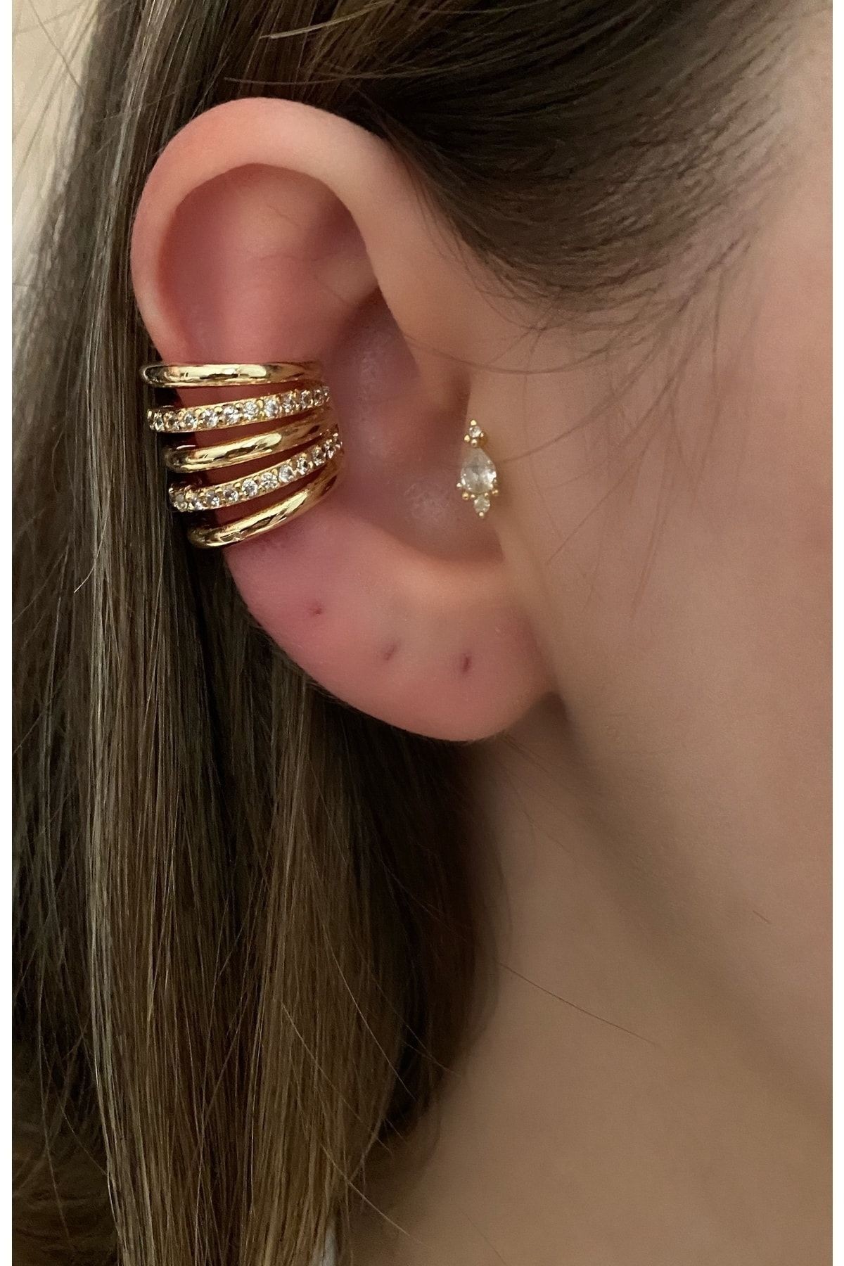 Büyük Earcuff Taşlı 10 Sıra Pirinç Üzeri Kaplama Kaplama Kadın Kıkırdak Küpe