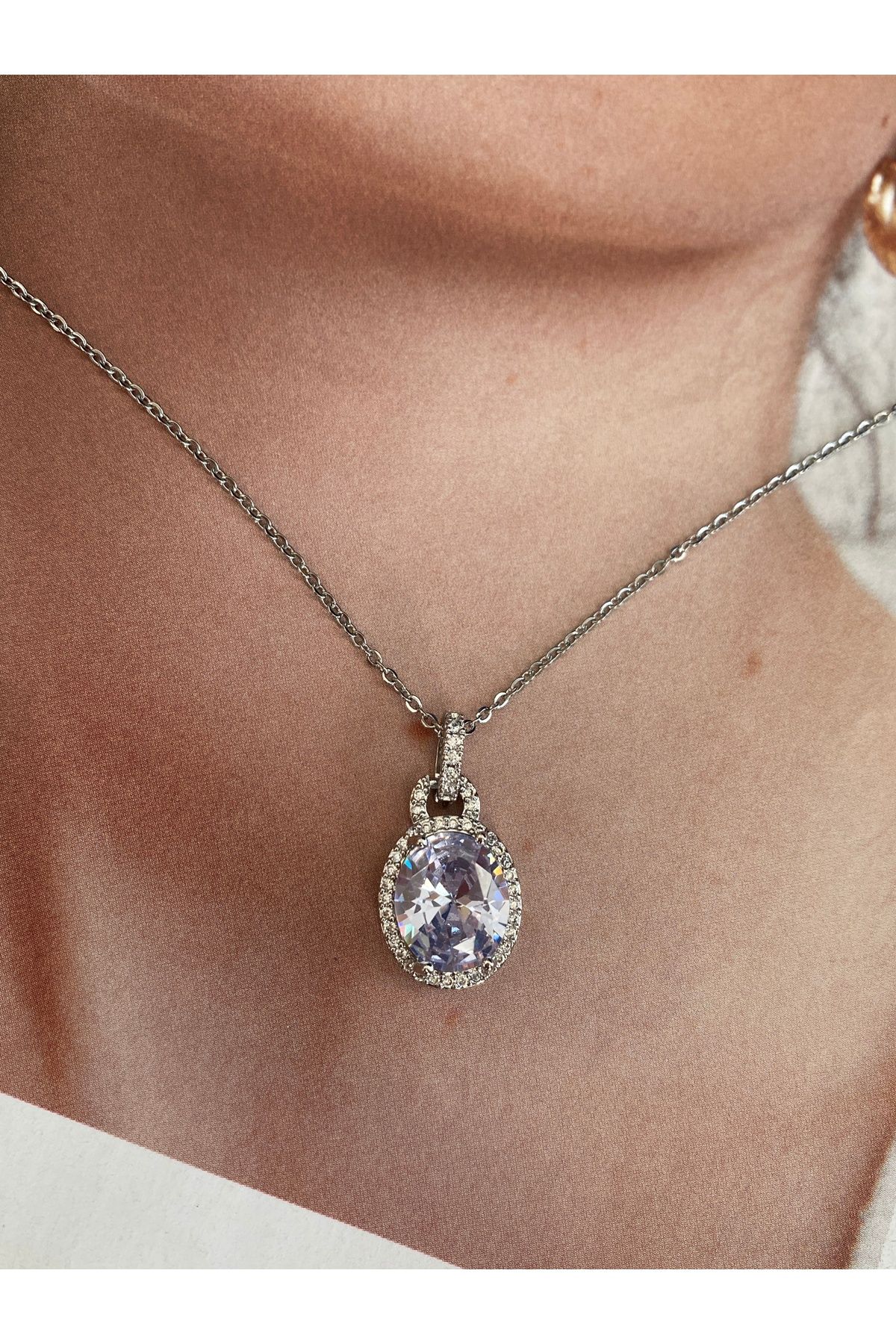 Oval Zirkon Taşlı Kararmaz Çelik Kadın Gold Kolye