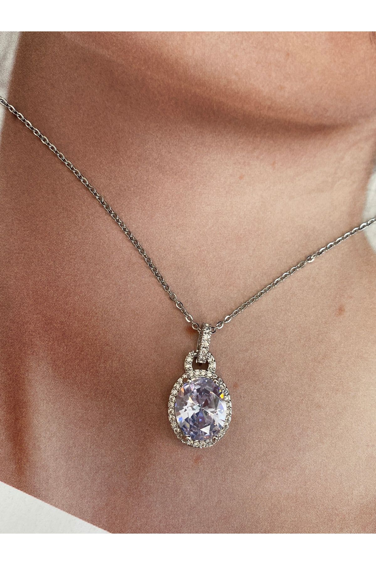 Oval Zirkon Taşlı Kararmaz Çelik Kadın Gold Kolye