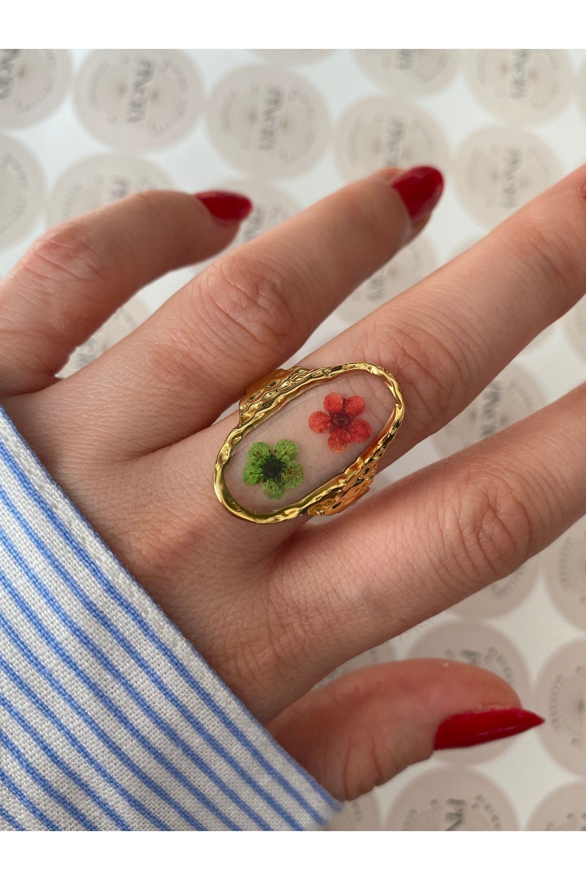 Vintage Oval Renkli Çiçek Çelik Kararmaz Ayarlanabilir Yüzük