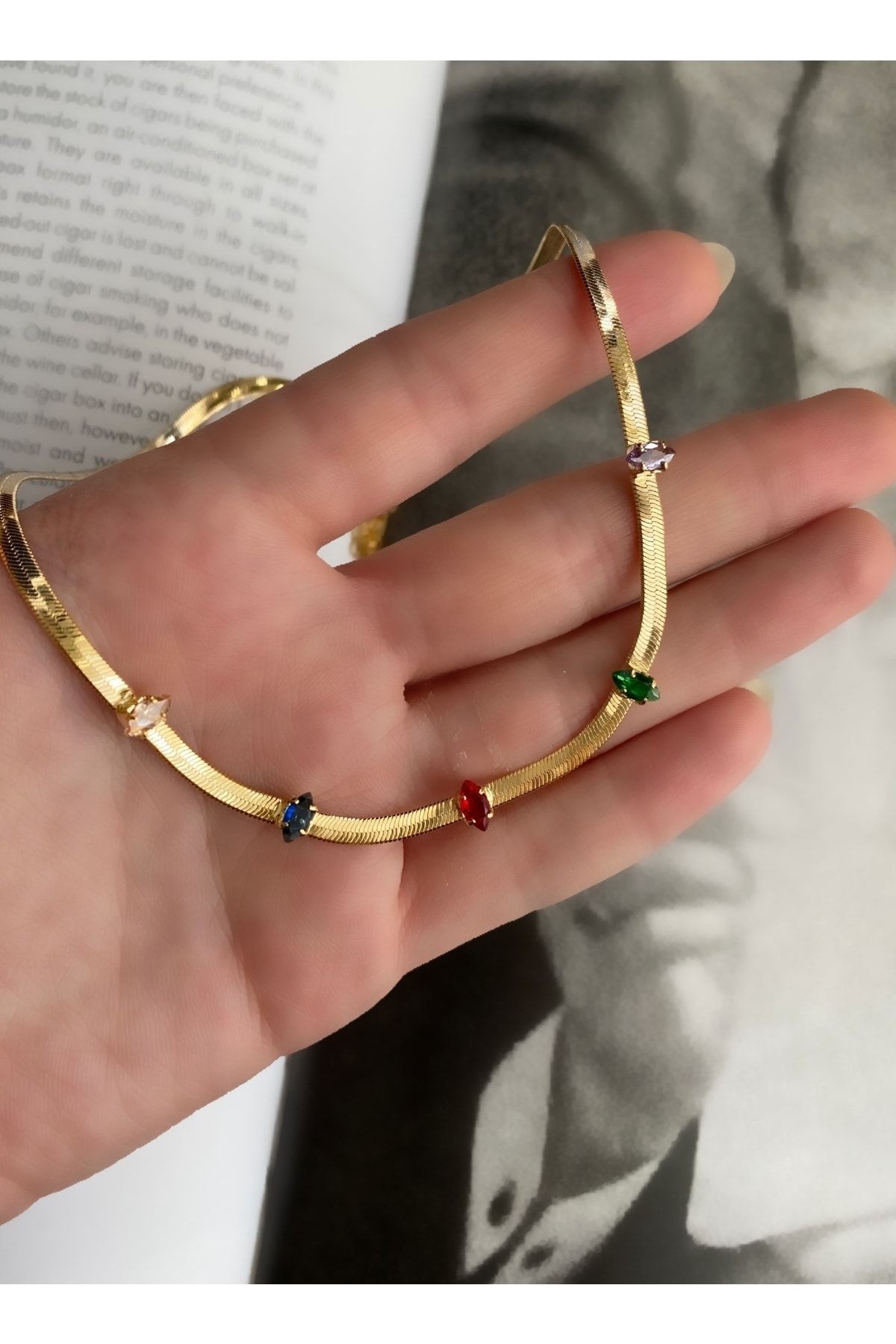 Renkli Baget Taşlı Italyan Ezme Zincir Gold Kolye