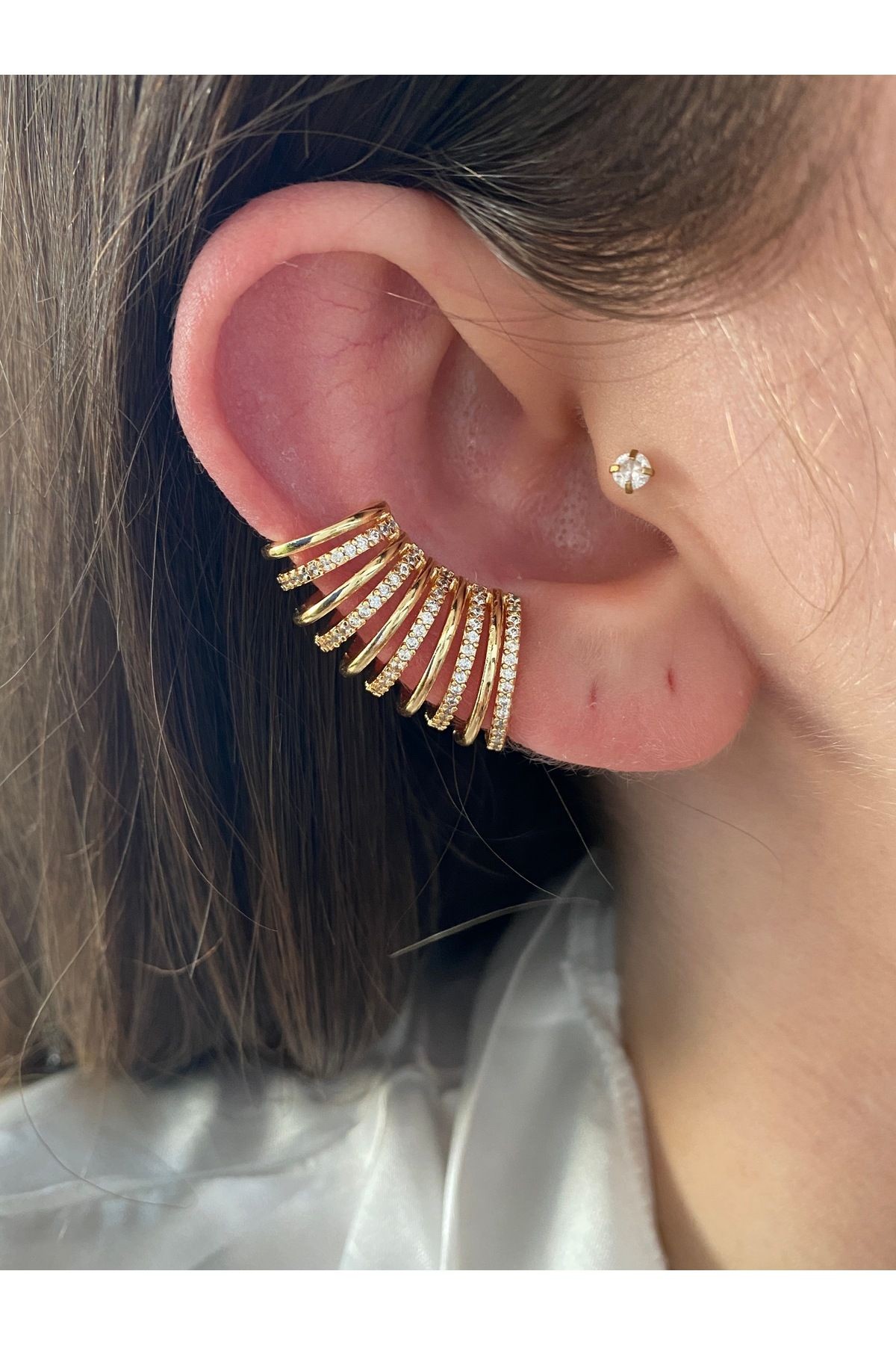 Büyük Earcuff Taşlı 10 Sıra Pirinç Üzeri Kaplama Kaplama Kadın Kıkırdak Küpe - sarı
