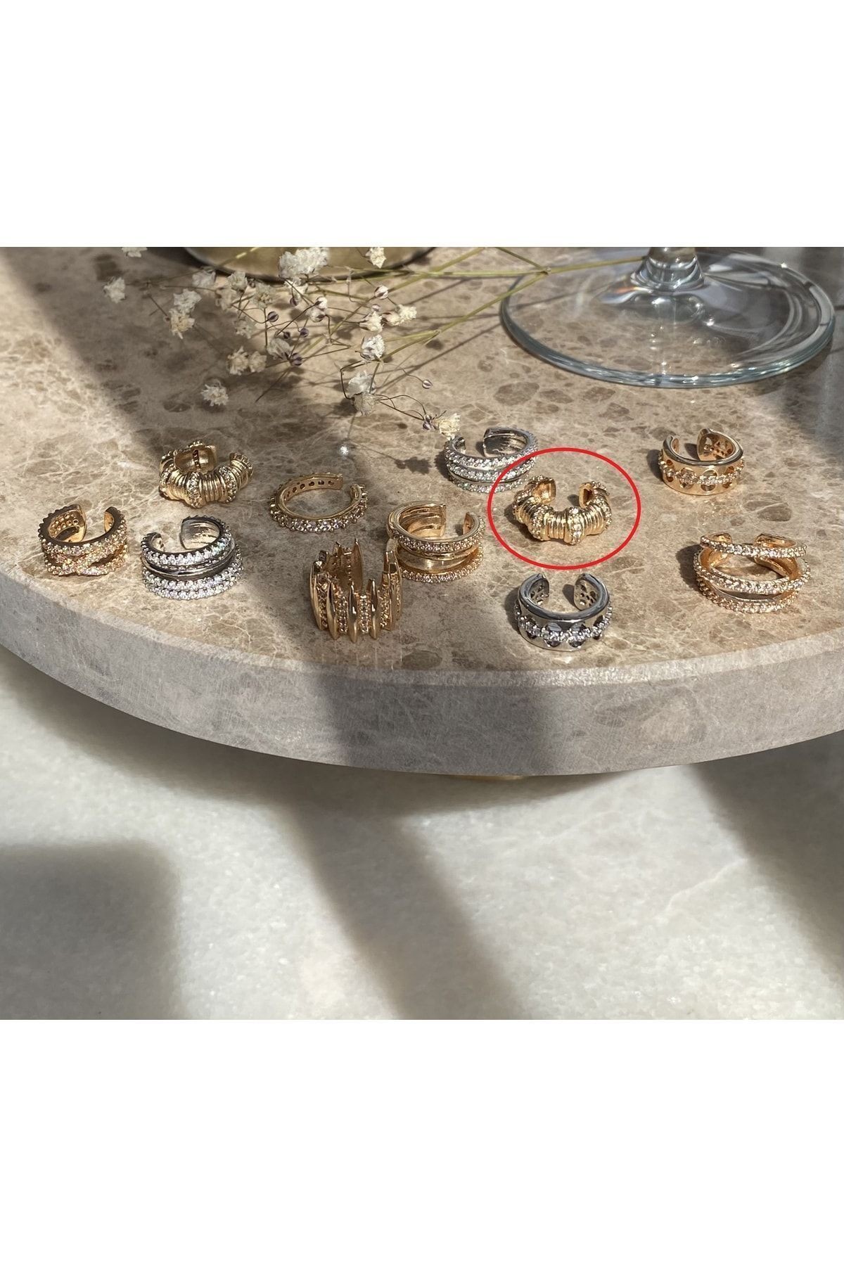 Boğumlu Taşlı Gümüş Kıkırdak Küpe ( Earcuff )