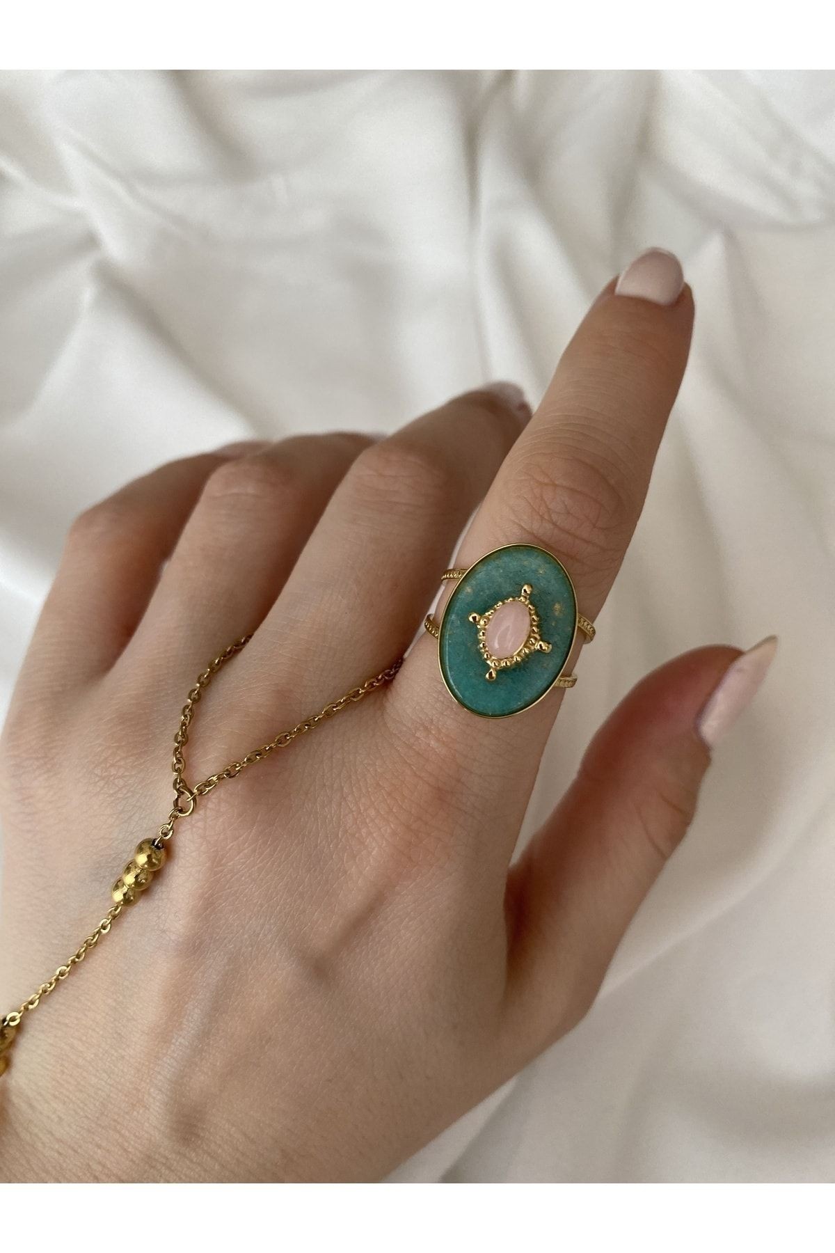 Vintage Pembe Oval Taşlı Kararmaz Ayarlanabilir Çelik Yüzük