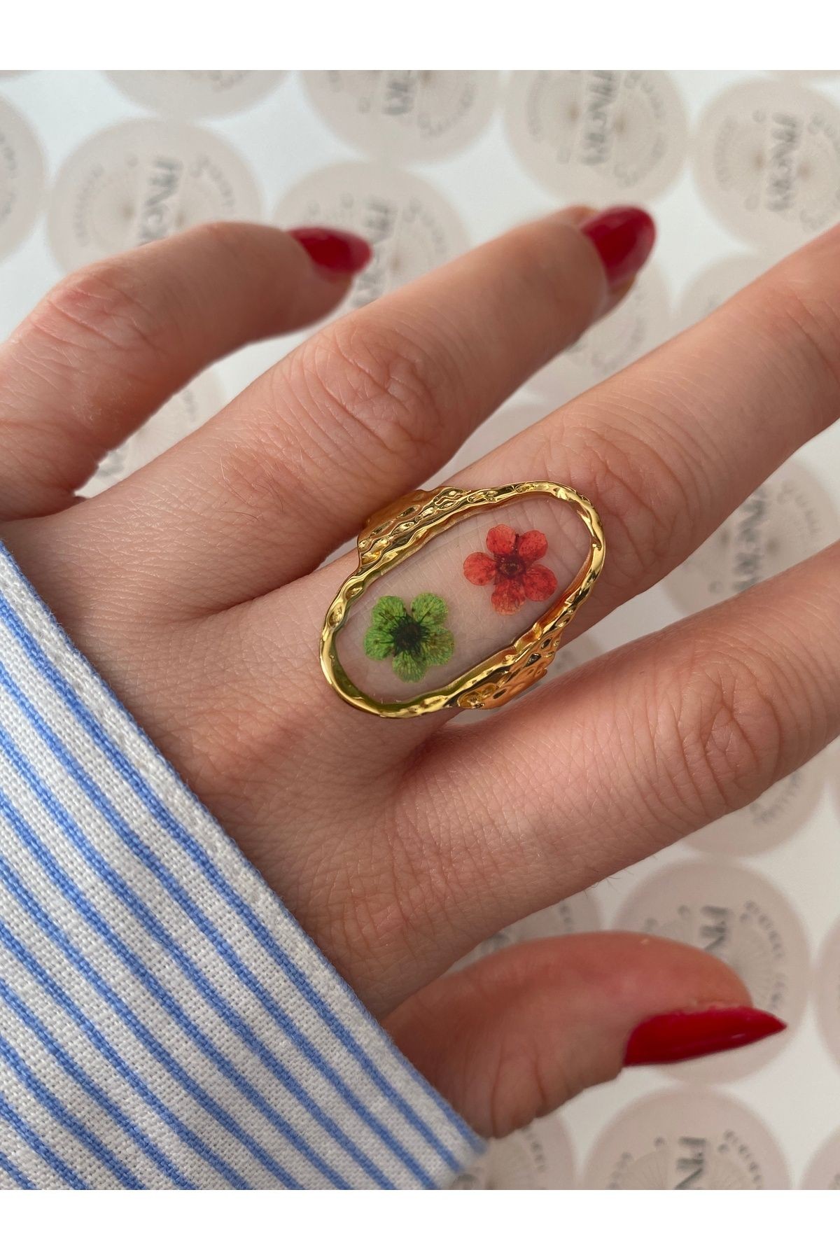 Vintage Oval Renkli Çiçek Çelik Kararmaz Ayarlanabilir Yüzük