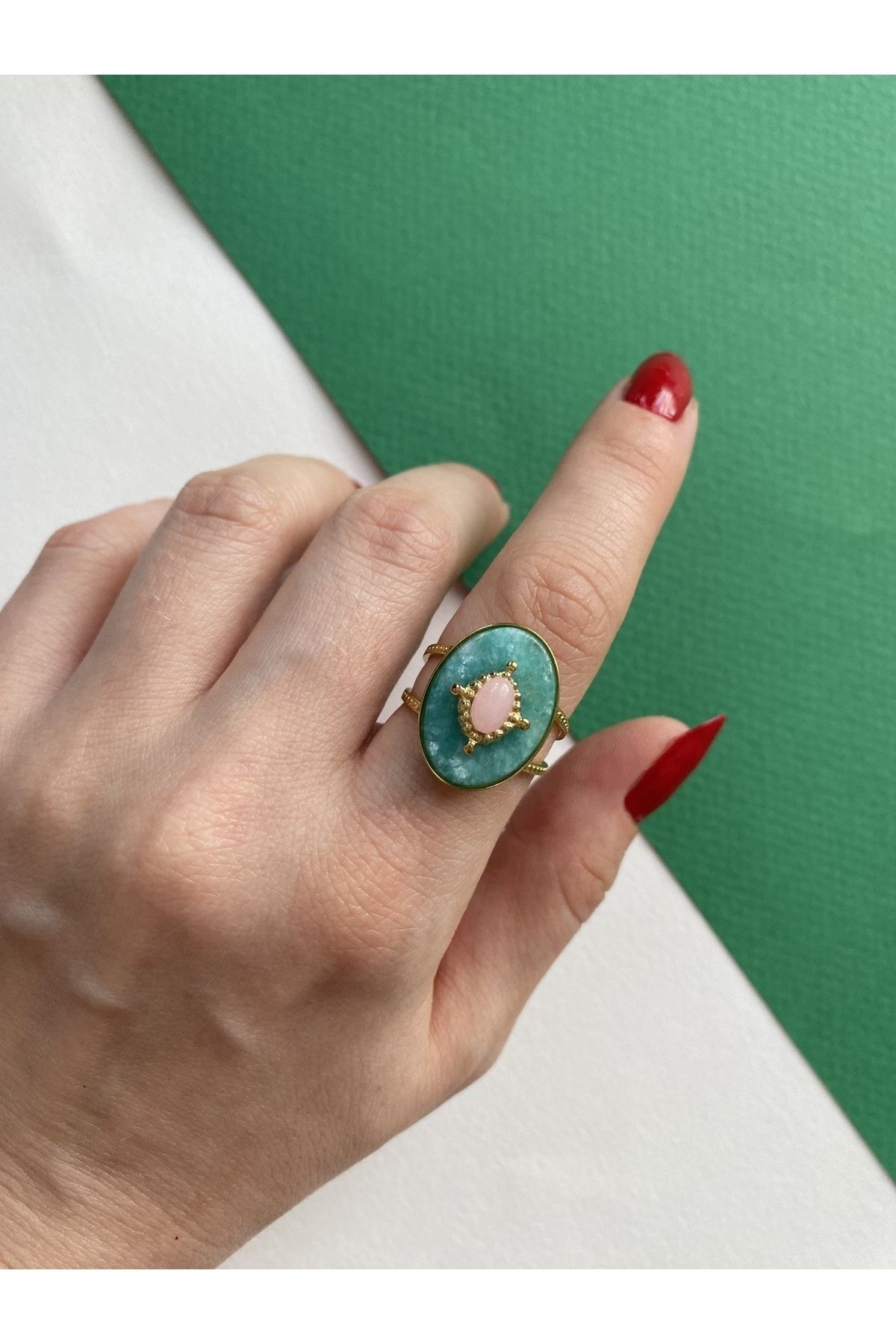 Vintage Pembe Oval Taşlı Kararmaz Ayarlanabilir Çelik Yüzük