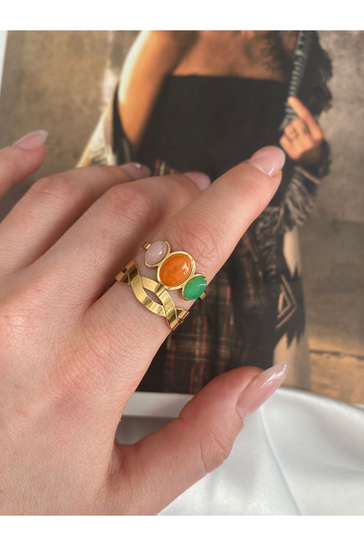 Vintage Renkli Oval Taşlı Çelik Kararmaz Ayarlanabilir Yüzük