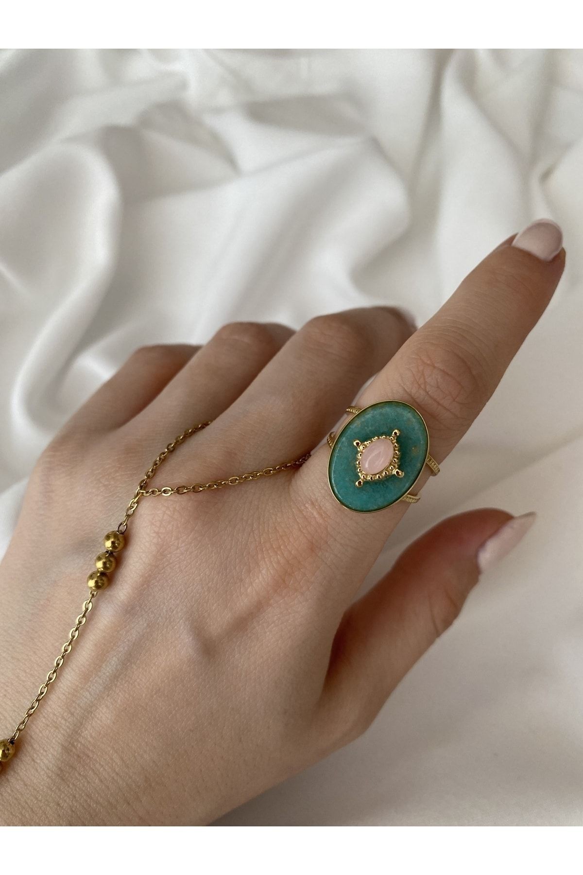 Vintage Pembe Oval Taşlı Kararmaz Ayarlanabilir Çelik Yüzük