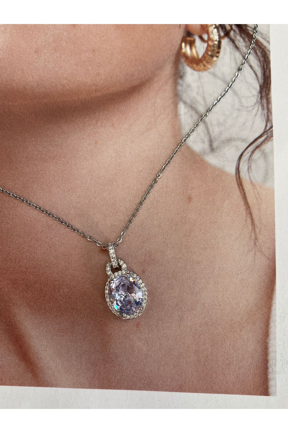Oval Zirkon Taşlı Kararmaz Çelik Kadın Gold Kolye