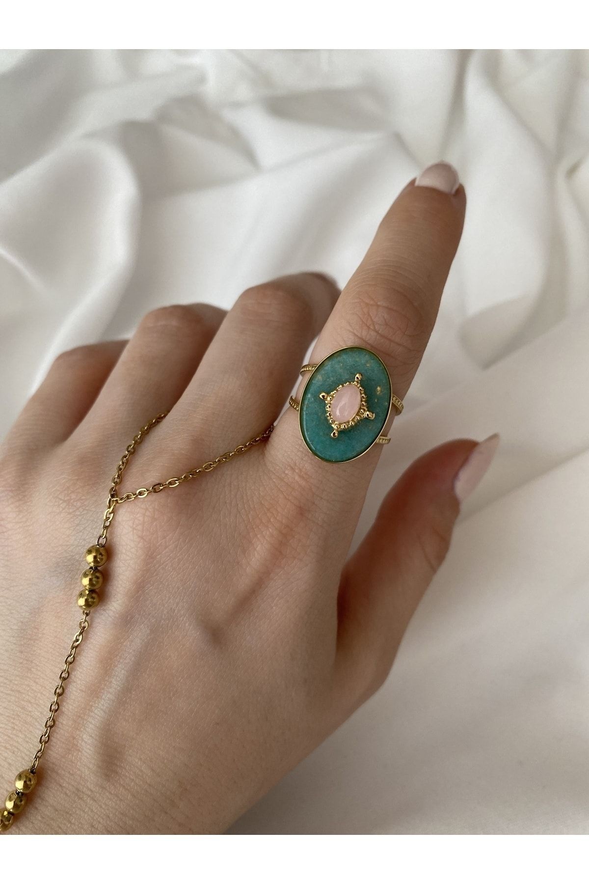 Vintage Pembe Oval Taşlı Kararmaz Ayarlanabilir Çelik Yüzük