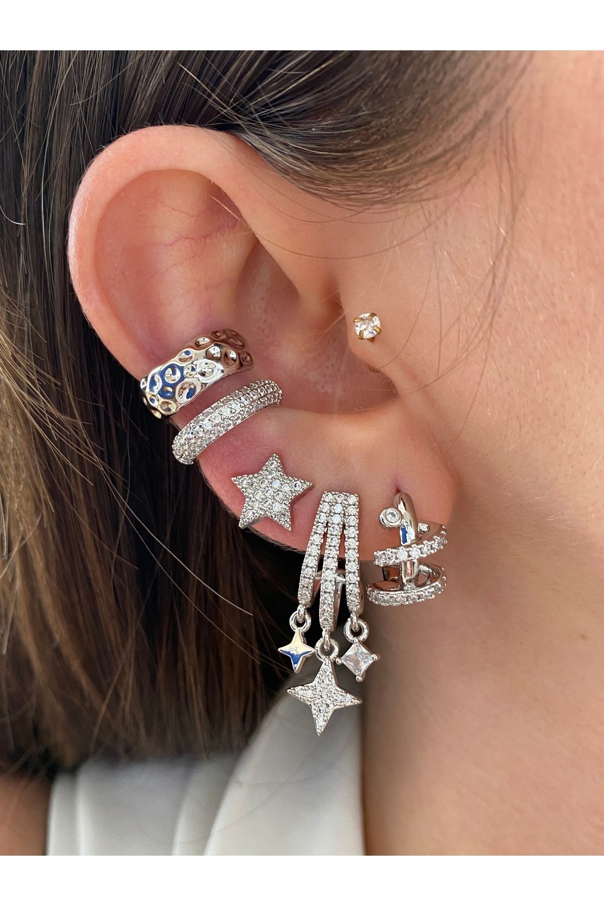 2 Sıra Zirkon Taşlı Kadın Earcuff Kıkırdak Küpe