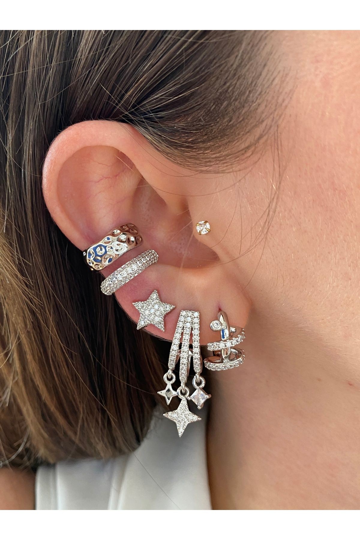 2 Sıra Zirkon Taşlı Kadın Earcuff Kıkırdak Küpe