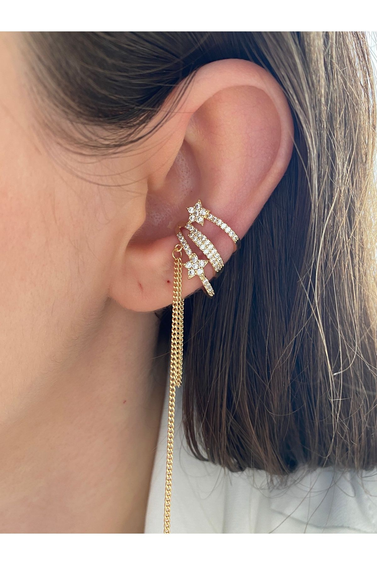 Sallantılı 4 Sıra Pirinç Üzeri Kaplama Kaplama Kadın Earcuff Kıkırdak Küpe - sarı