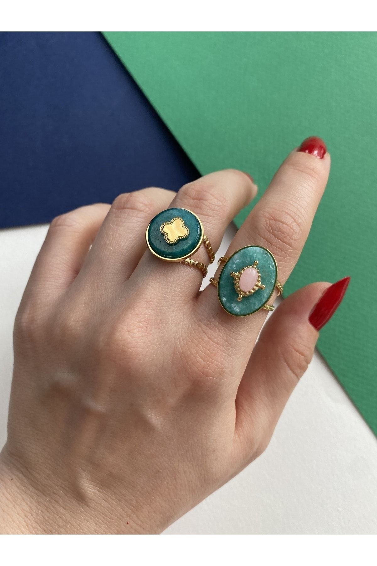 Vintage Pembe Oval Taşlı Kararmaz Ayarlanabilir Çelik Yüzük