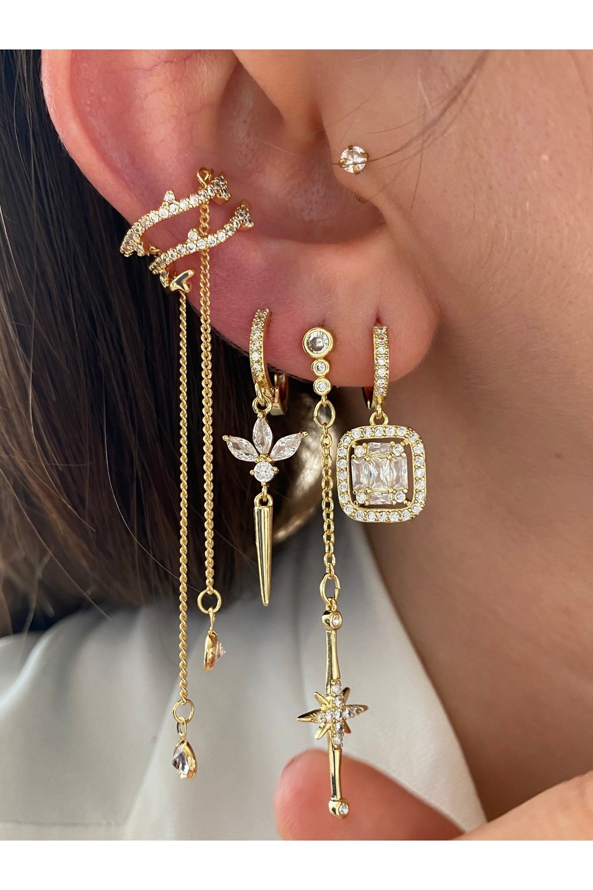 Sallantılı 4 Sıra Pirinç Üzeri Kaplama Kaplama Kadın Earcuff Kıkırdak Küpe