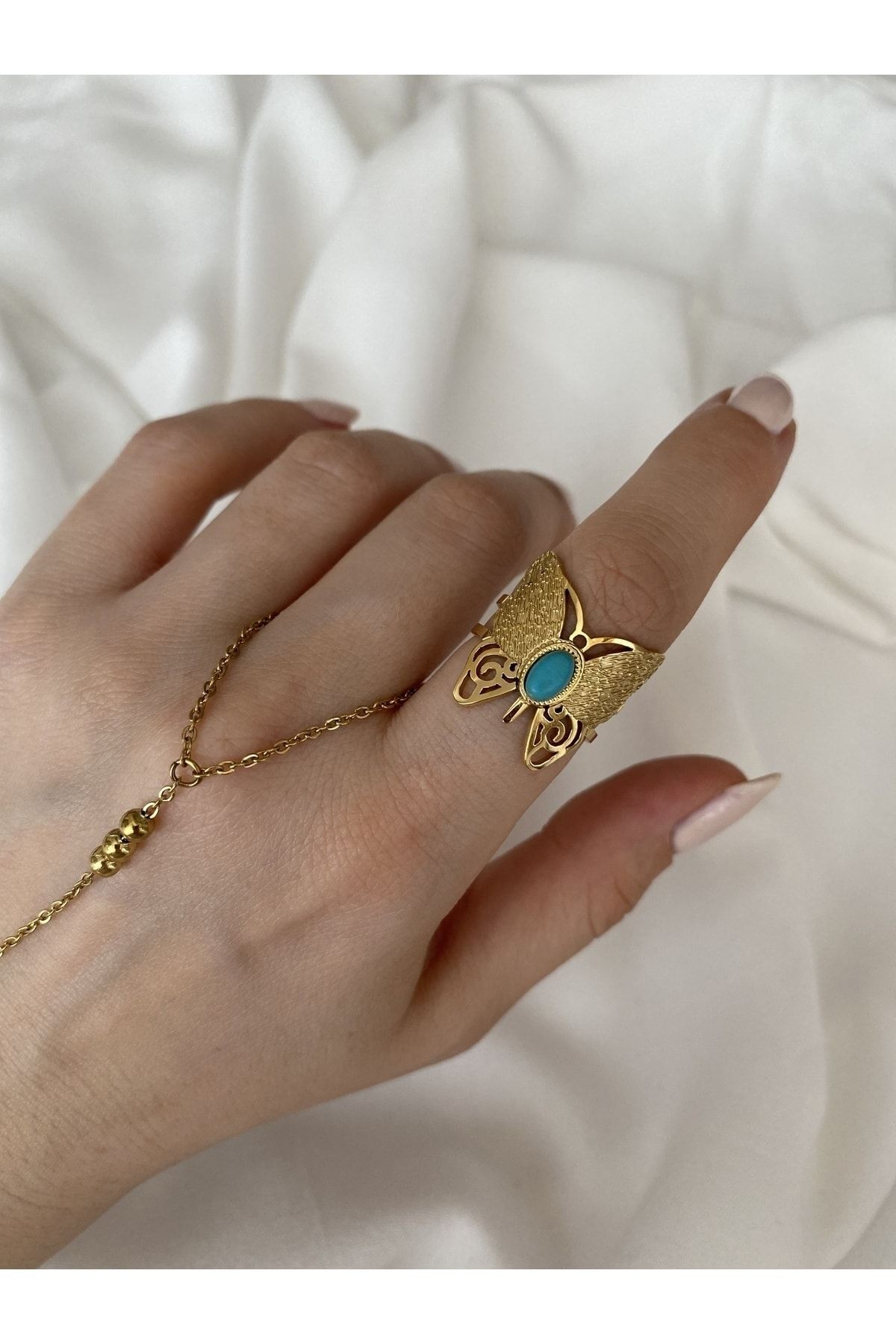 Vintage Firuze Taşlı Kelebek Model Kararmaz Ayarlanabilir Çelik Yüzük