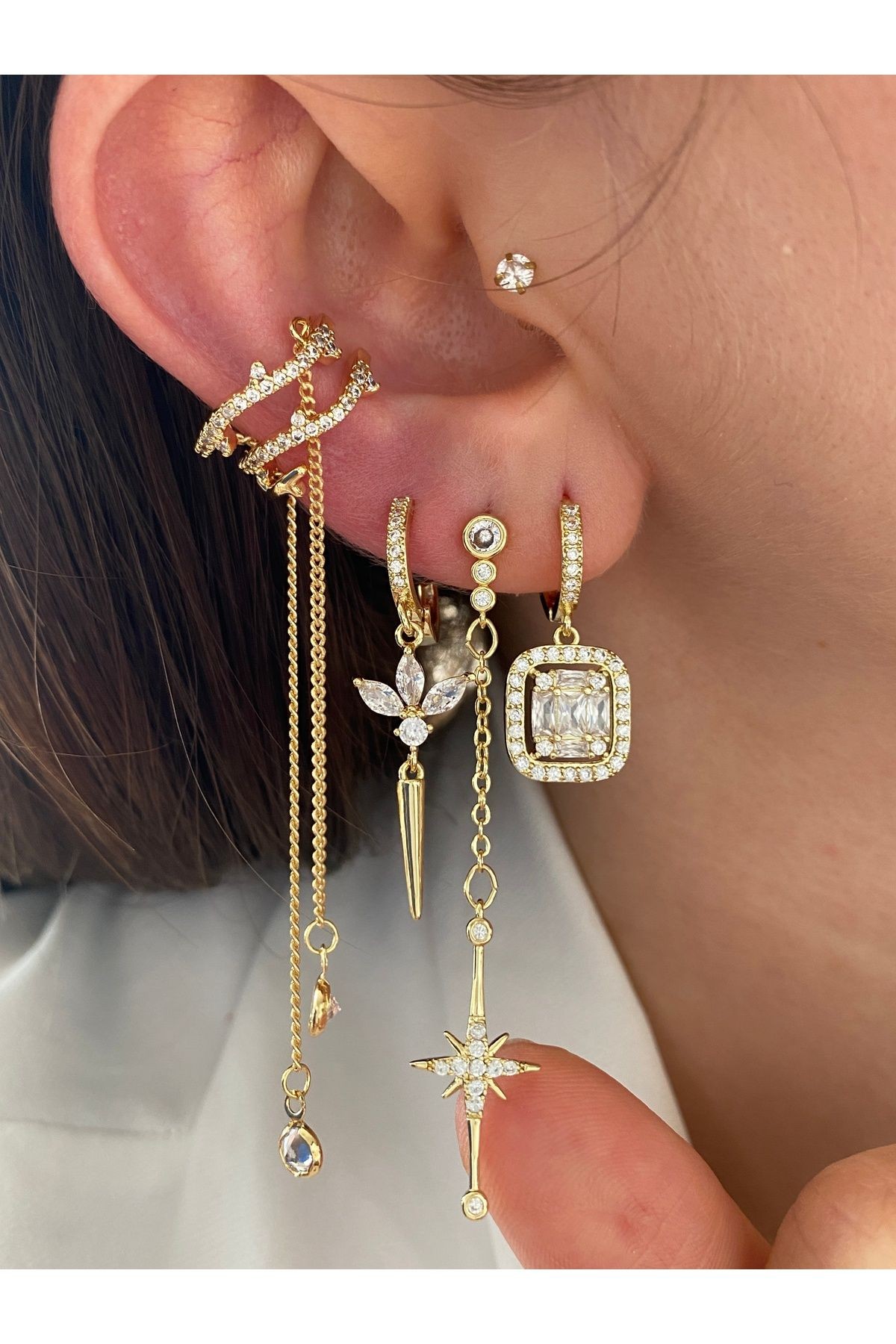Sallantılı 4 Sıra Pirinç Üzeri Kaplama Kaplama Kadın Earcuff Kıkırdak Küpe