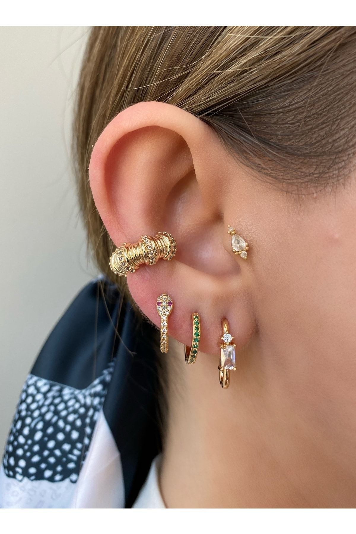 Boğumlu Taşlı Gümüş Kıkırdak Küpe ( Earcuff )