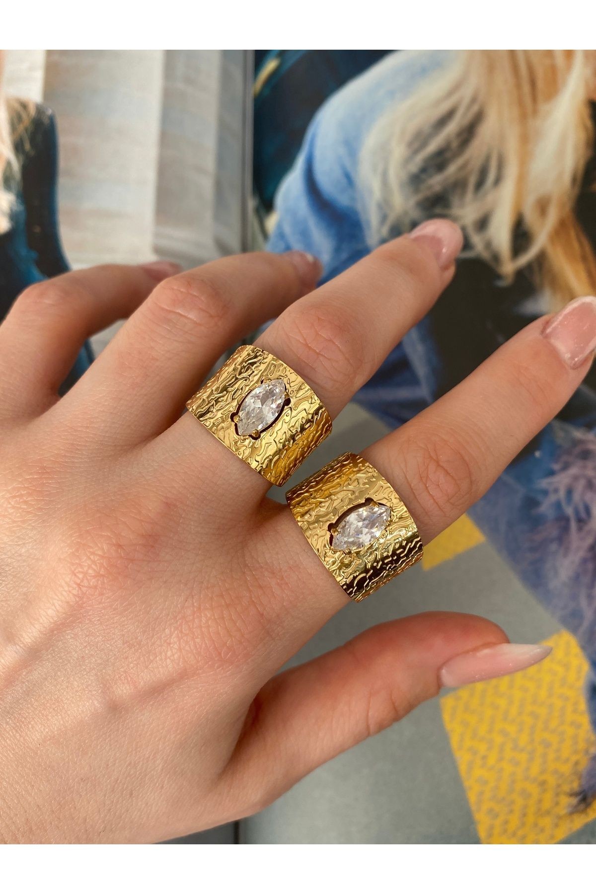 Vintage Markiz Taşlı Çelik Kararmaz Ayarlanabilir Gold Yüzük