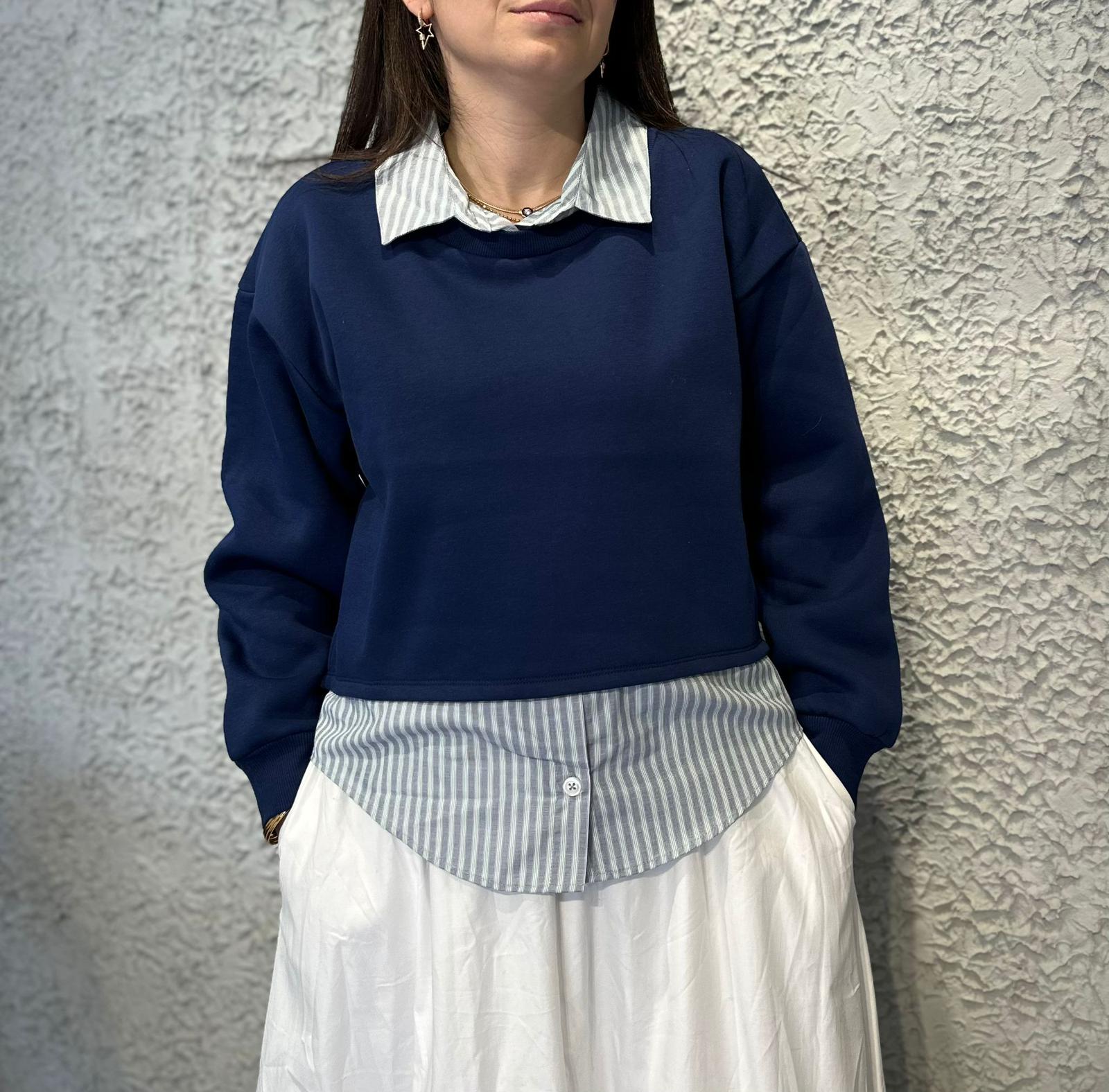 Gömlek Detaylı Lacivert Sweatshirt