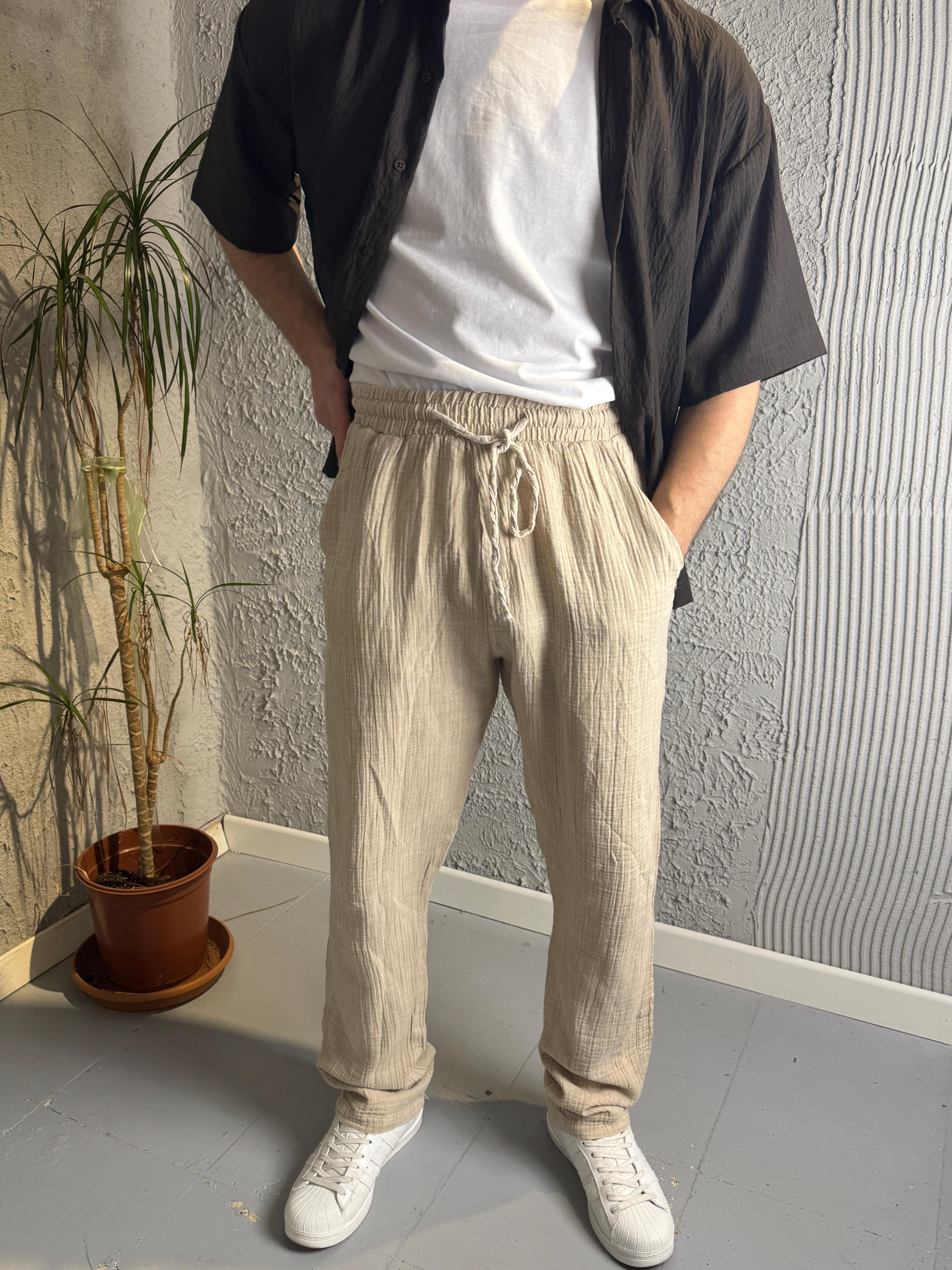 Belden Bağlamalı Baggy Krem Pantolon