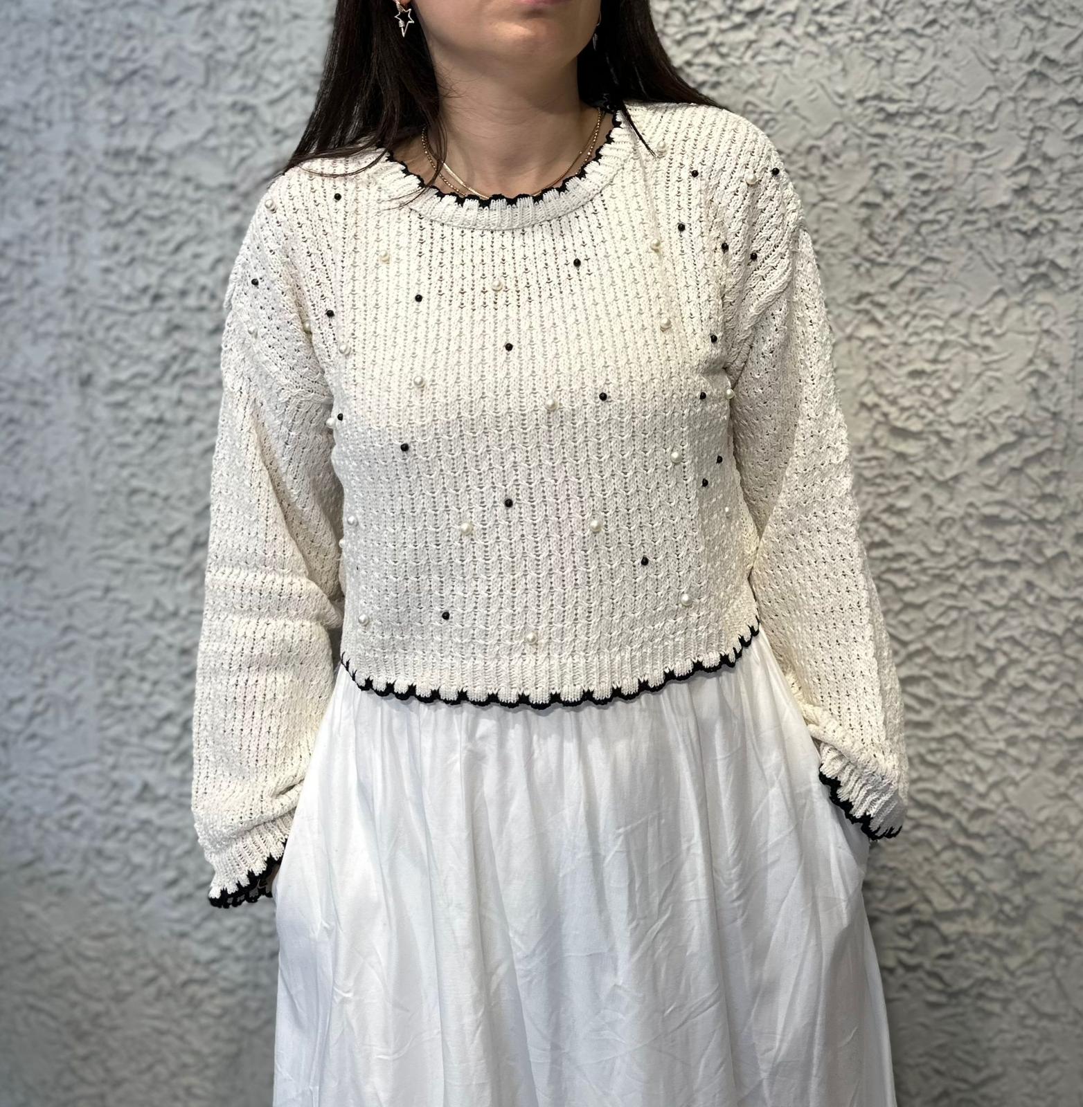 İnci Detaylı Triko Crop Kazak