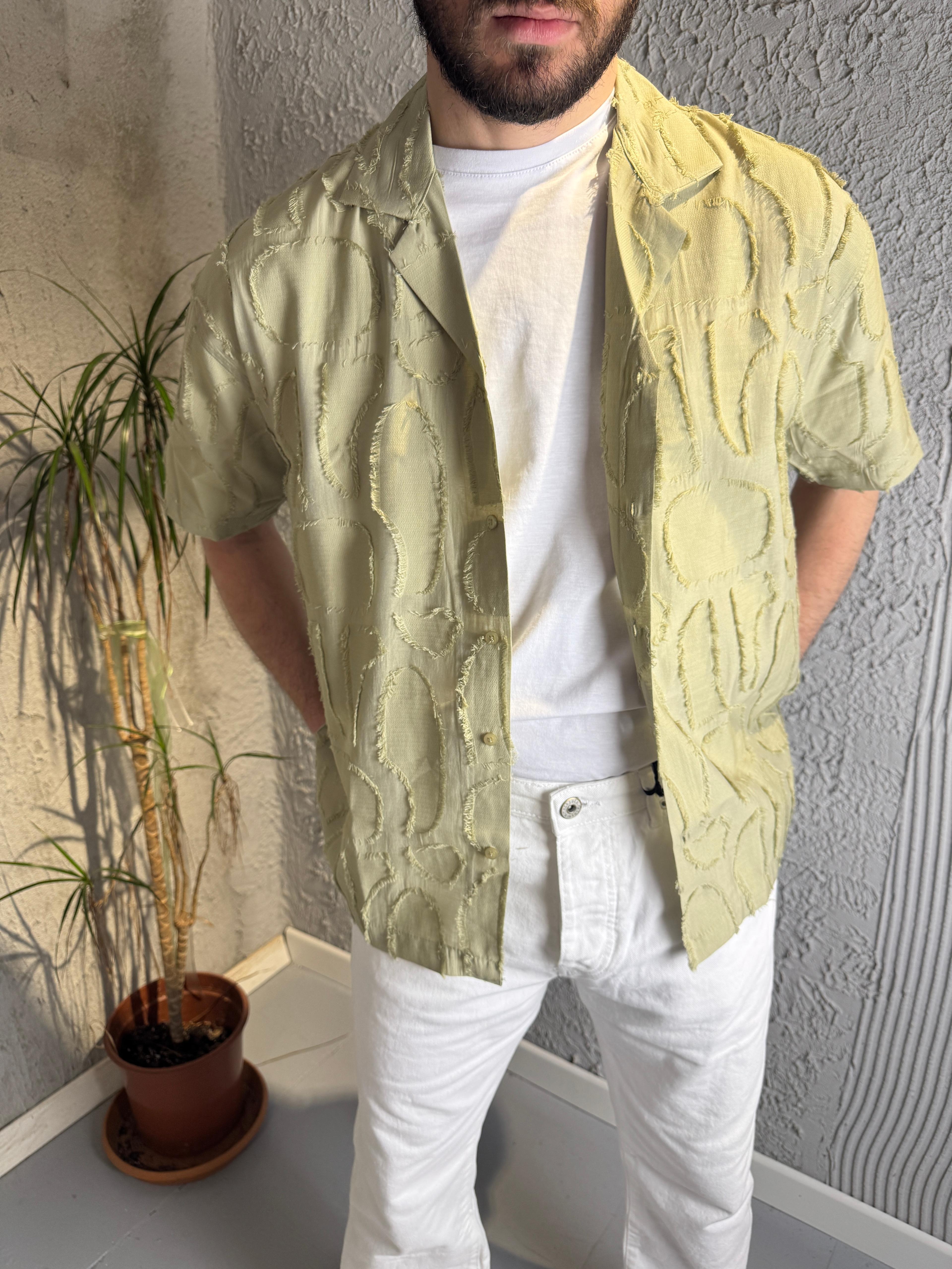 Püskül Desenli Yeşil Oversize Gömlek
