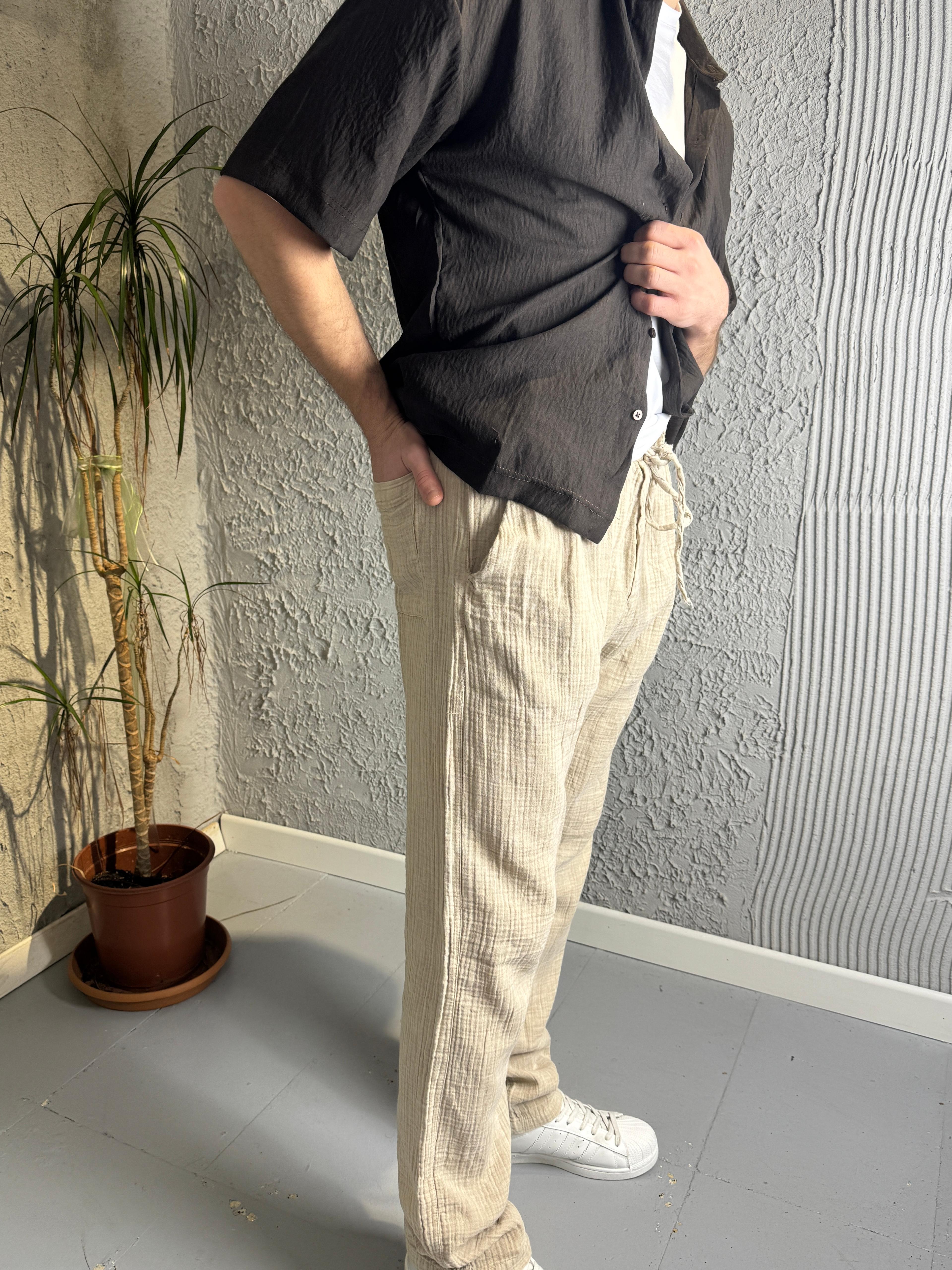 Belden Bağlamalı Baggy Krem Pantolon