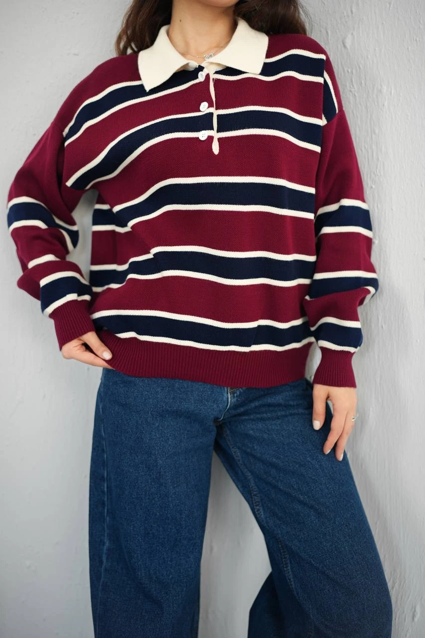 Polo Yaka Çizgili Kazak