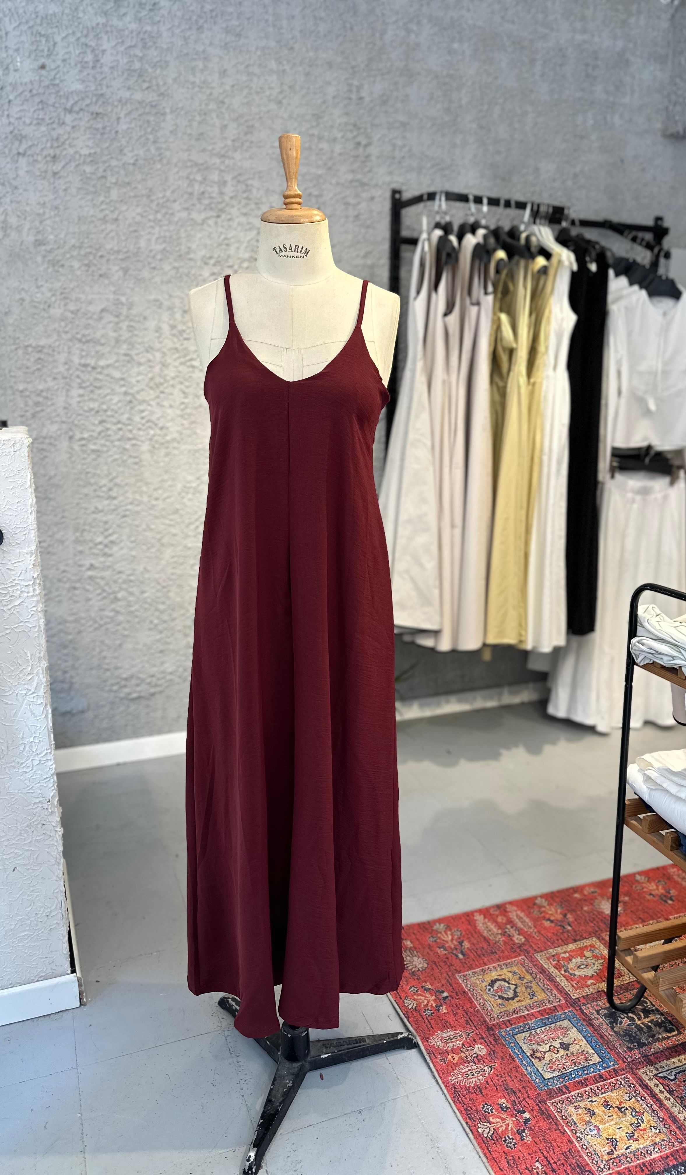 Bordo Askılı Midi Elbise