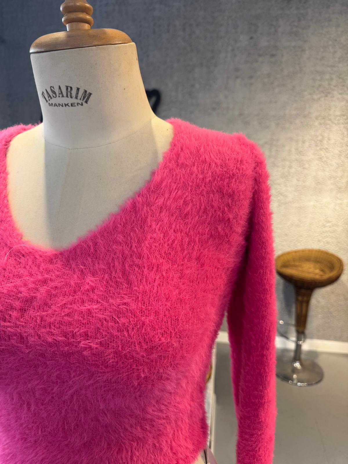 Peluş Pembe Crop Kazak