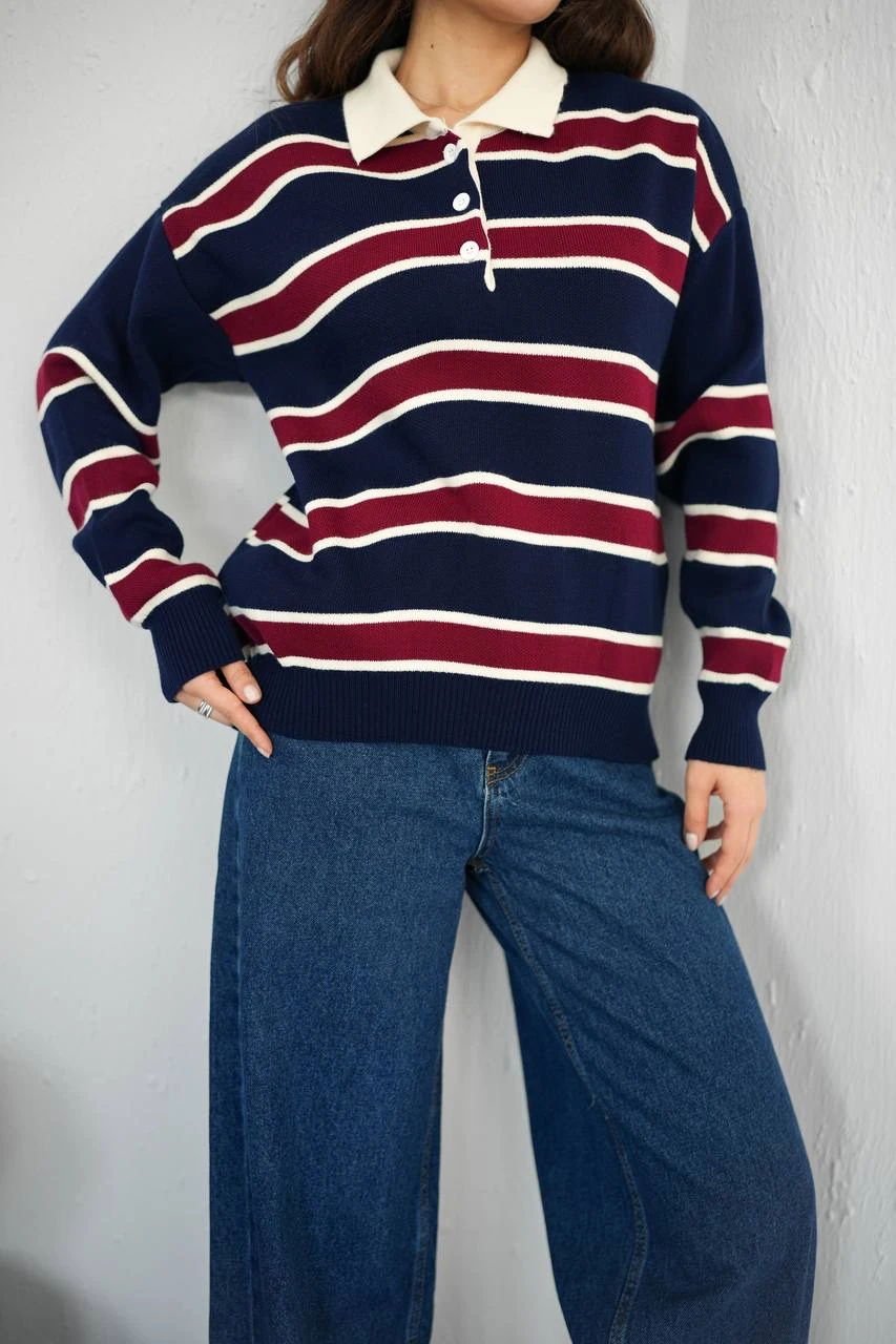 Polo Yaka Çizgili Kazak