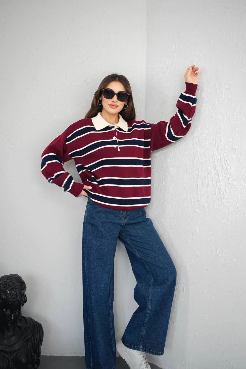 Polo Yaka Çizgili Kazak