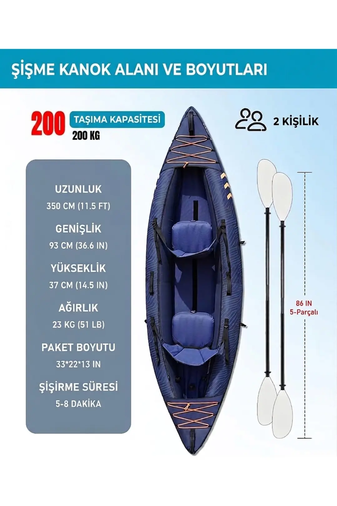 yosea KAMOME ネイビー フリーサイズ ŞİŞME KANO 2 KİŞİLİK OXFORD KUMAŞ VE GÜÇLENDİRİLMİŞ PVC MALZEME UZUN S
