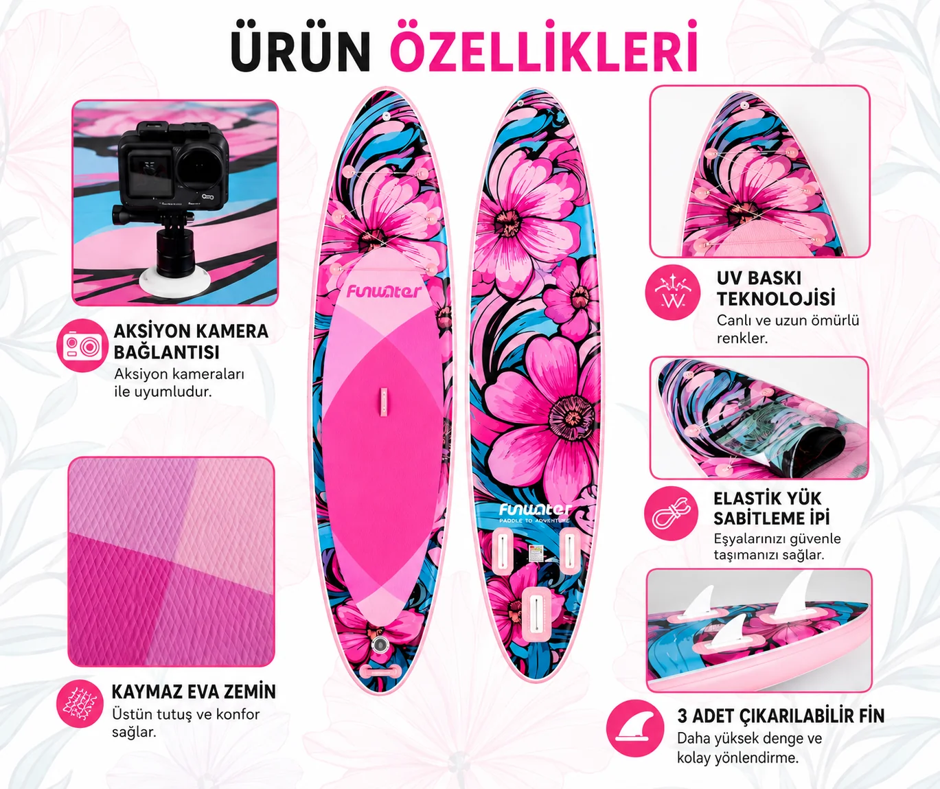 Funwater PINK FLOWER ŞİŞME SUP BOARD/STAND UP PADDLE BOARD