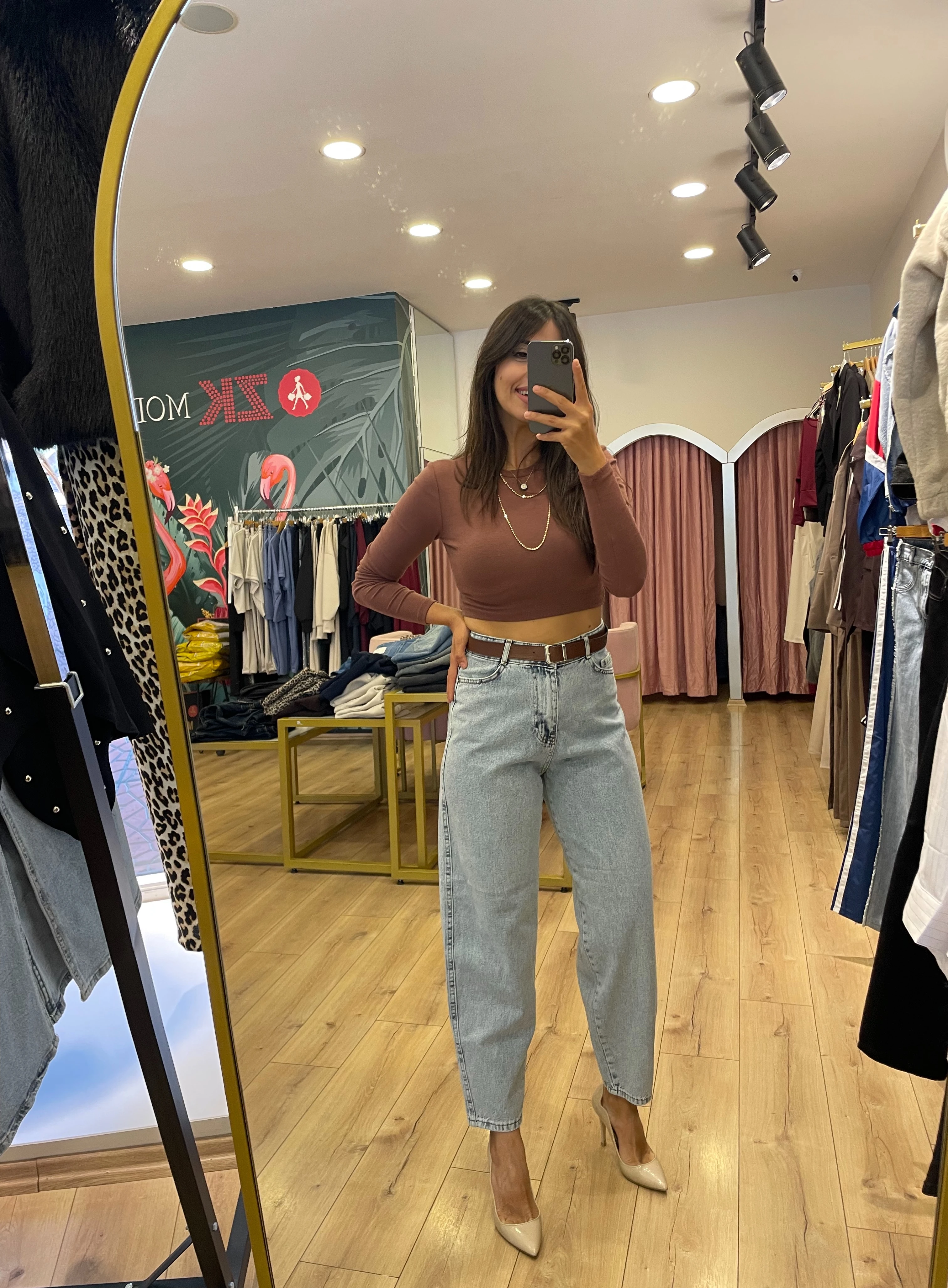 Kemerli Yüksek Bel Jean Pantolon  - Mavi