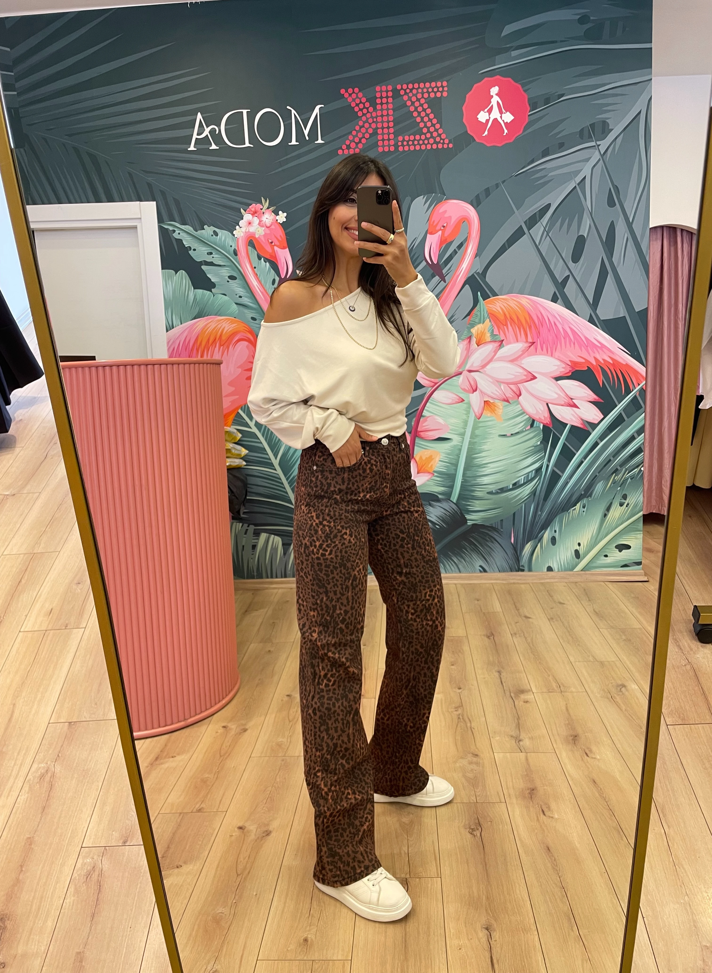 Leopar Straight Jean Pantolon  - Kahverengi