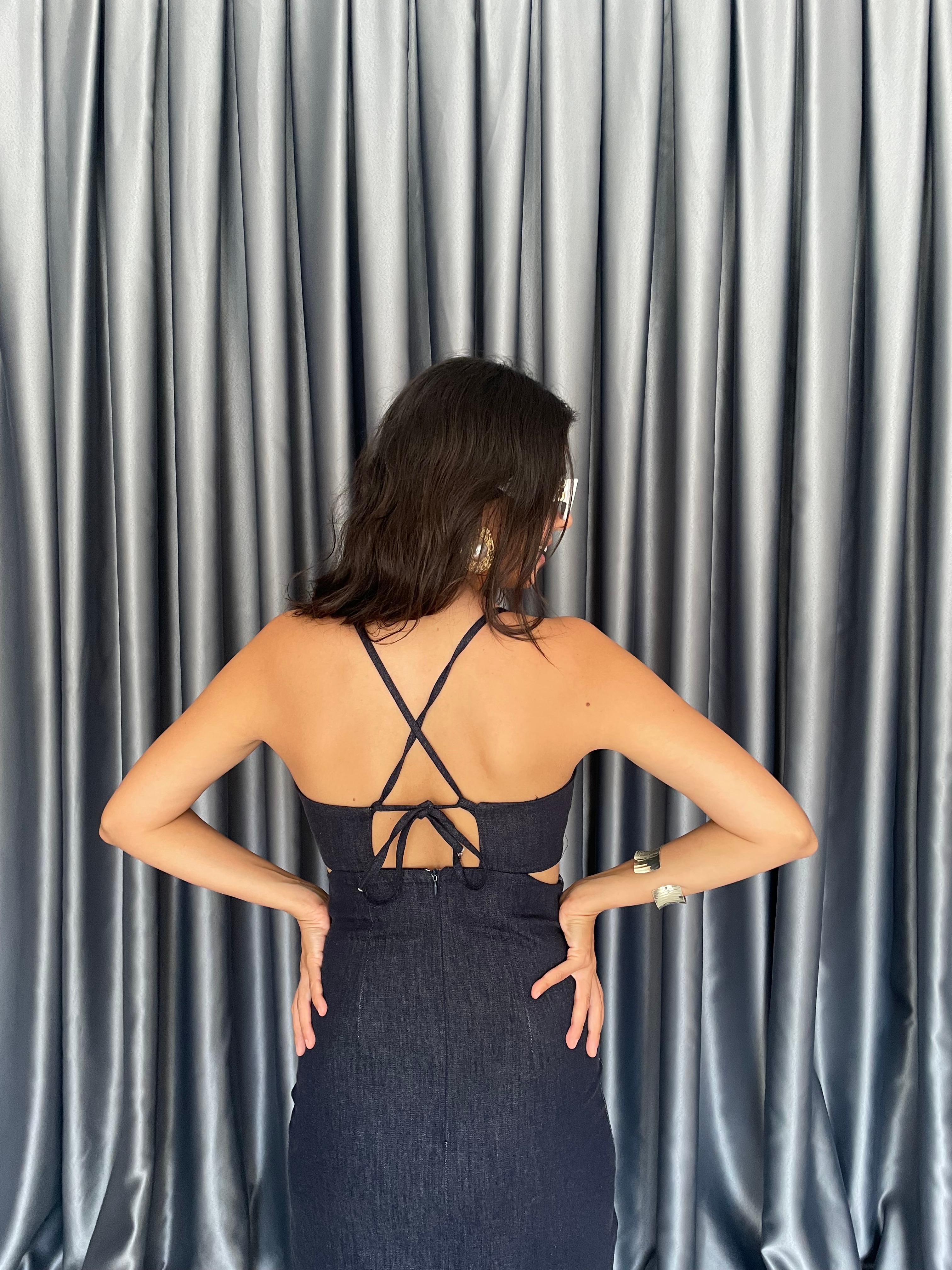Lacivert Halka Detaylı Askılı Denim Elbise 