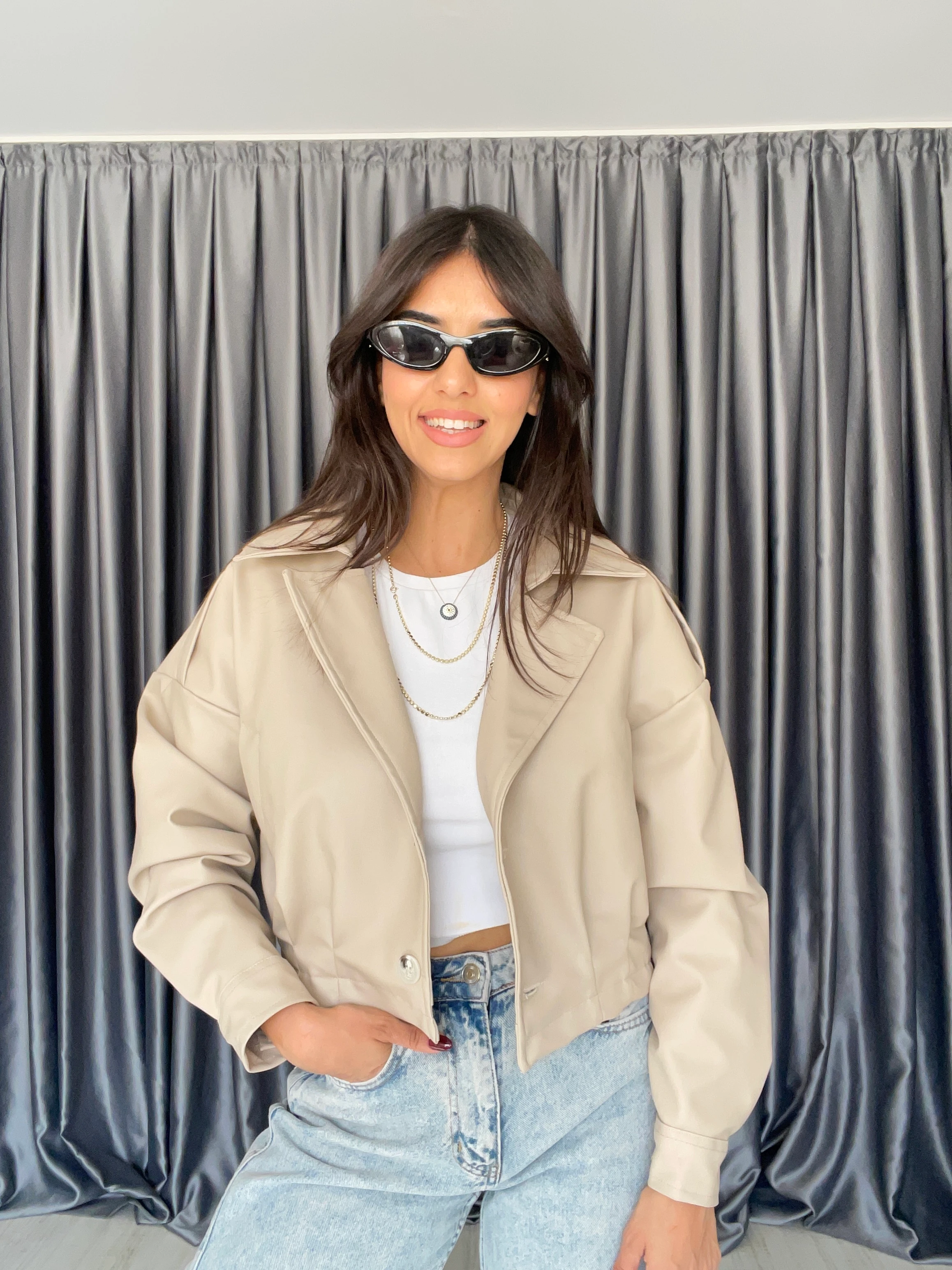 Düğme Detaylı Deri Ceket  - Krem